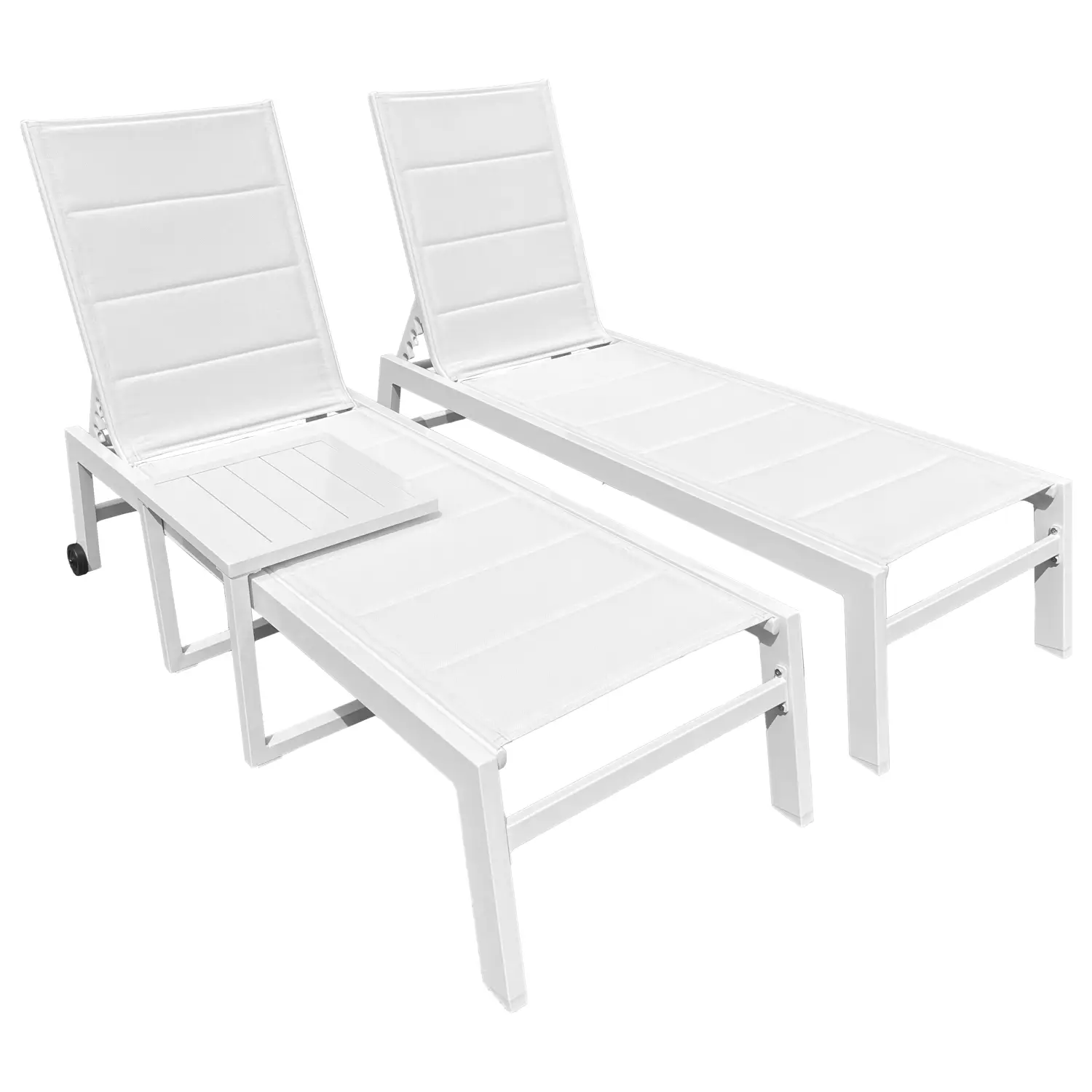 Set 2 bains de soleil et table d'appoint en textilène blanc - aluminium blanc