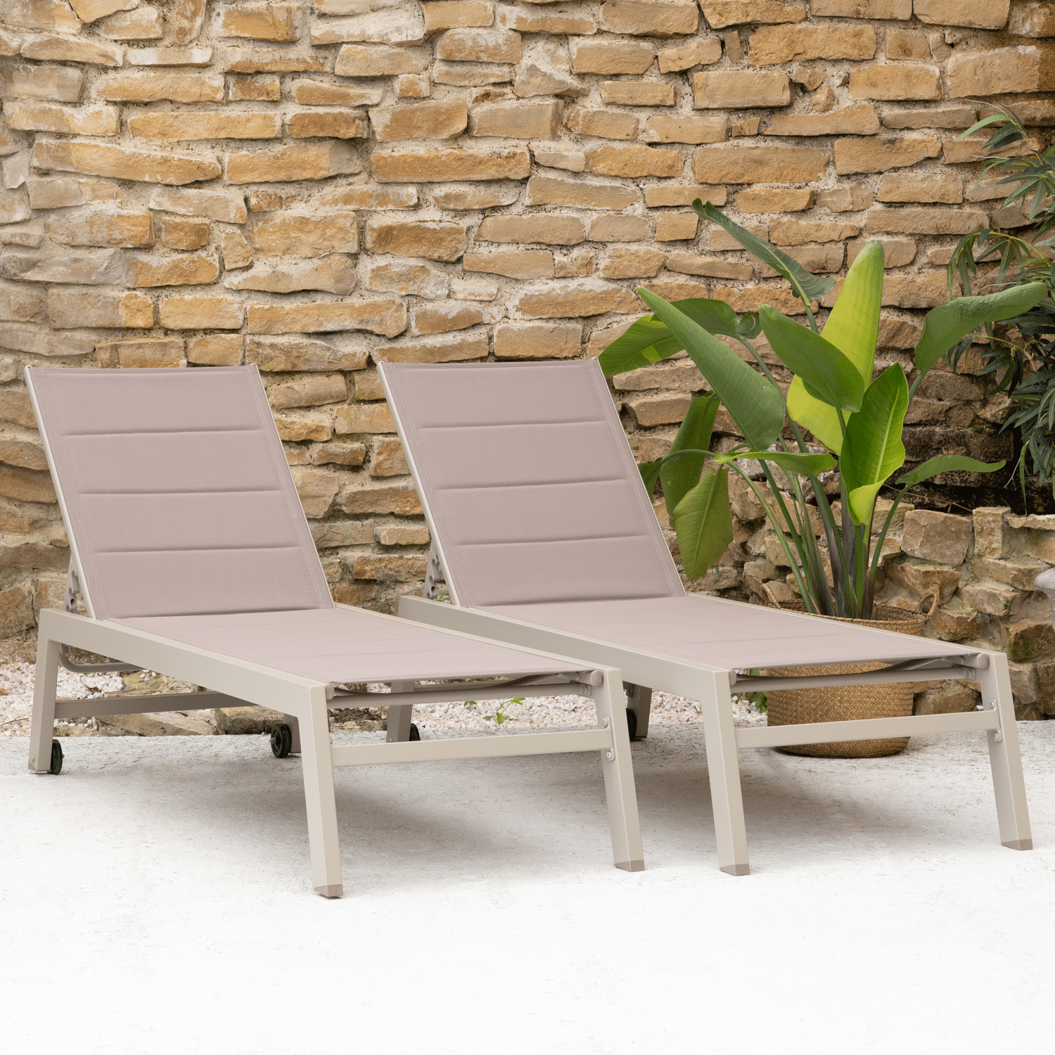 Lot de 2 bains de soleil BARBADOS en textilène taupe - aluminium taupe