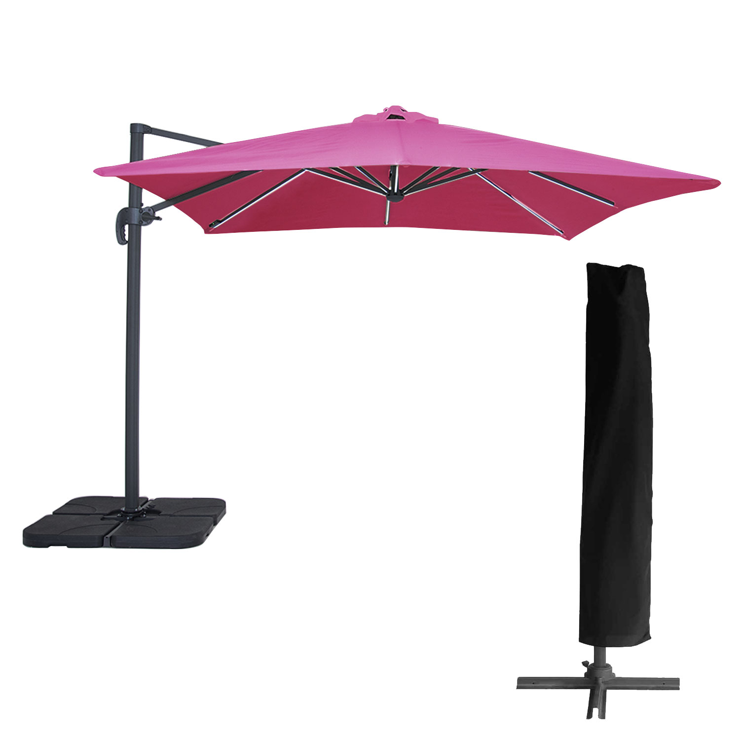 Parasol déporté MOLOKAI carré LED 3x3m fuchsia + housse