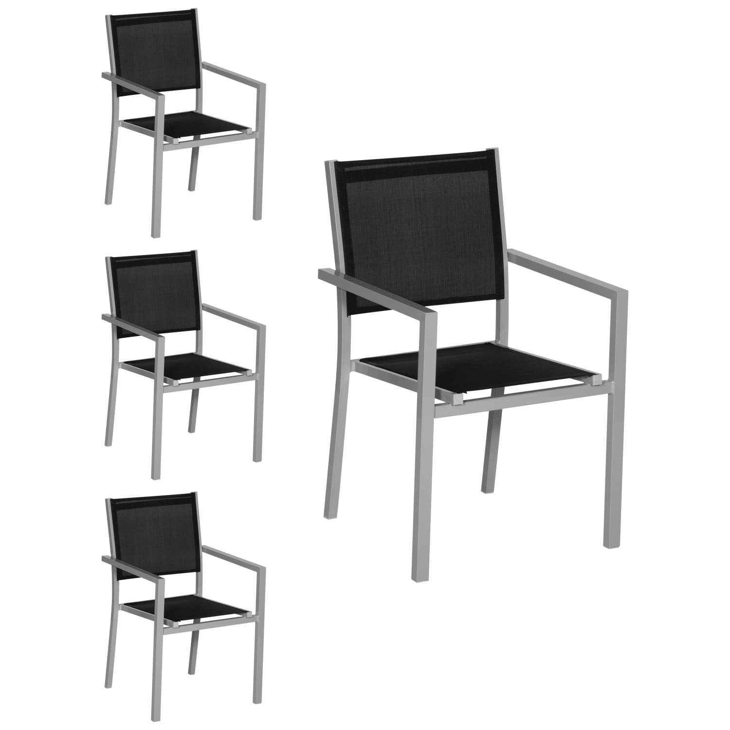 Lot de 4 chaises en aluminium gris - textilène noir