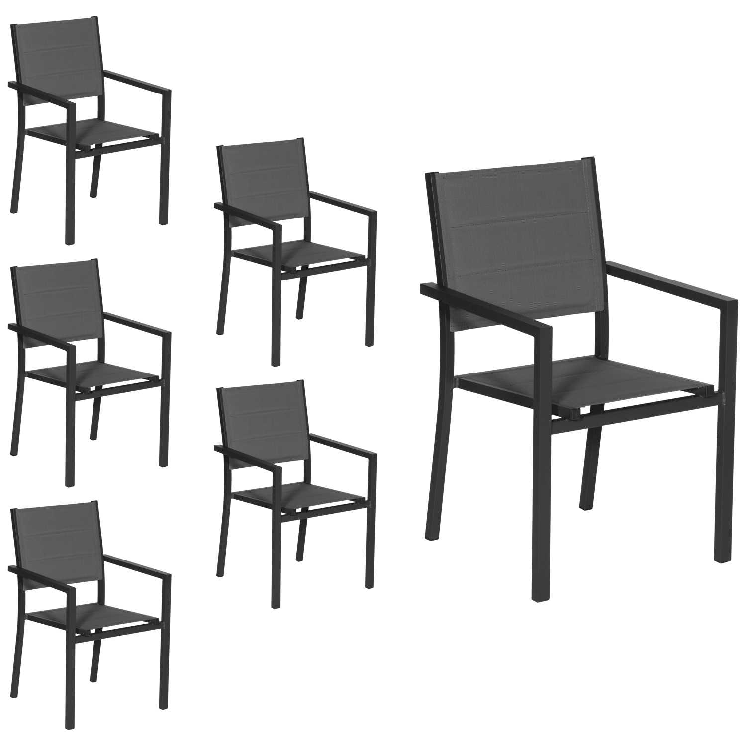 Lot de 6 chaises rembourrées en aluminium anthracite - textilène gris