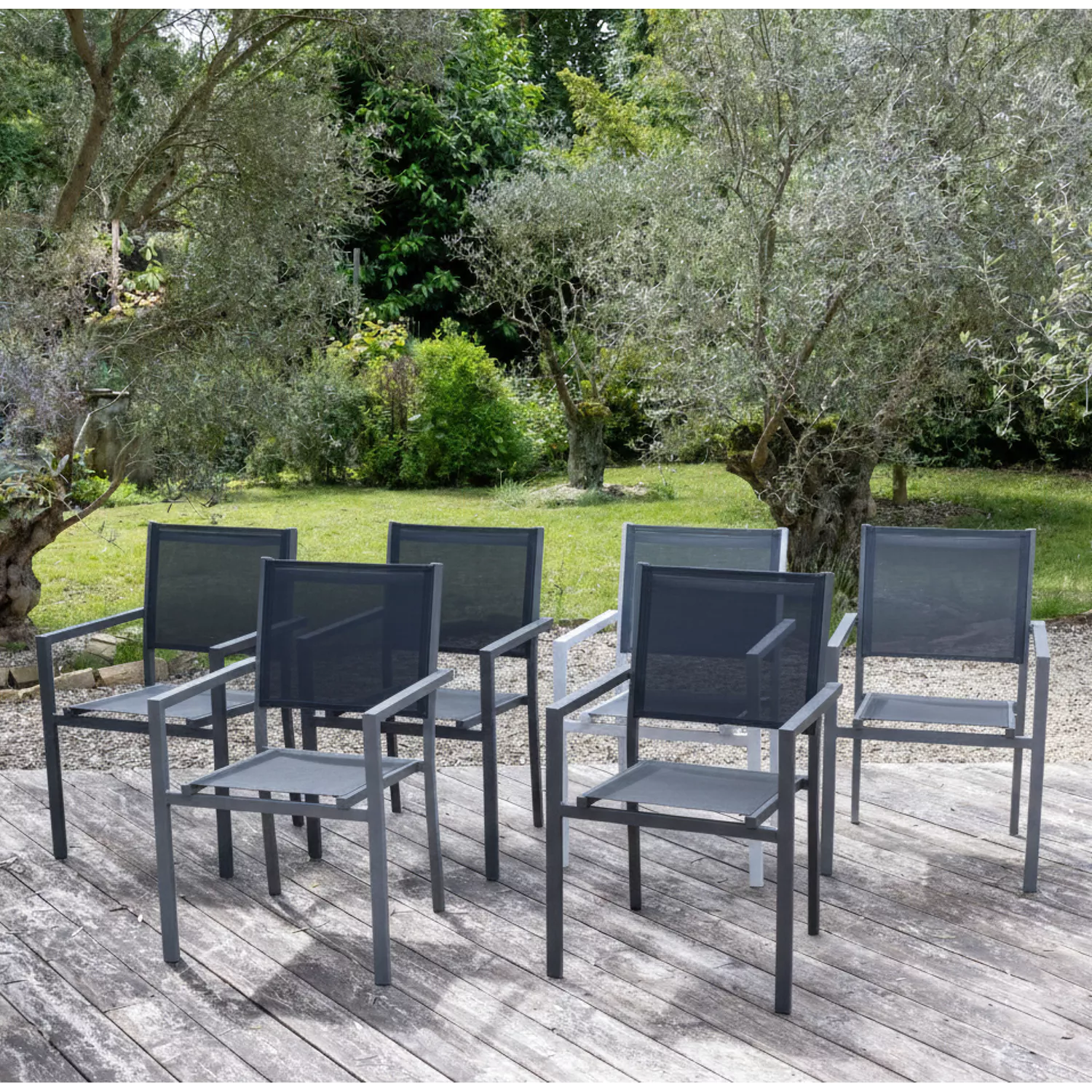 Juego de 6 sillas de aluminio gris textileno negro
