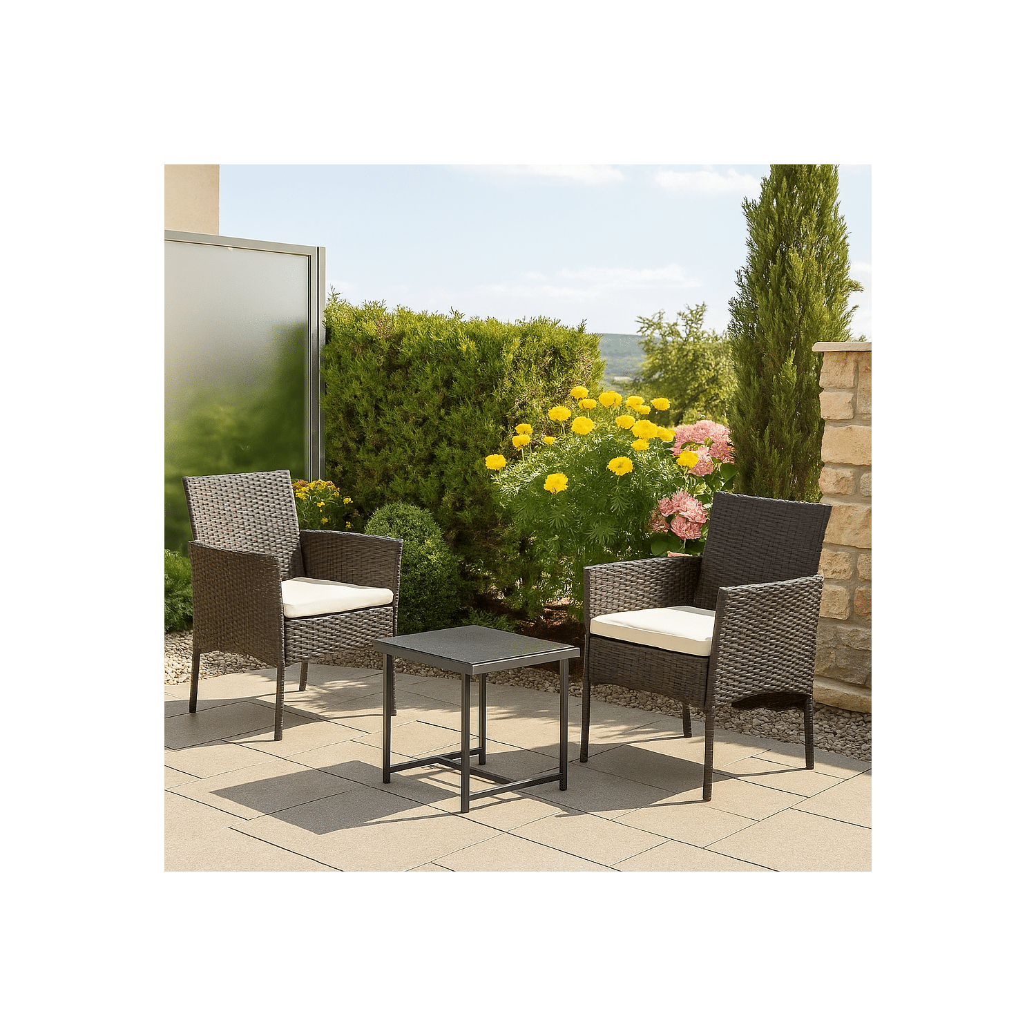 Conjunto de jardín FARO en resina trenzada marrón 2 plazas cojines crema