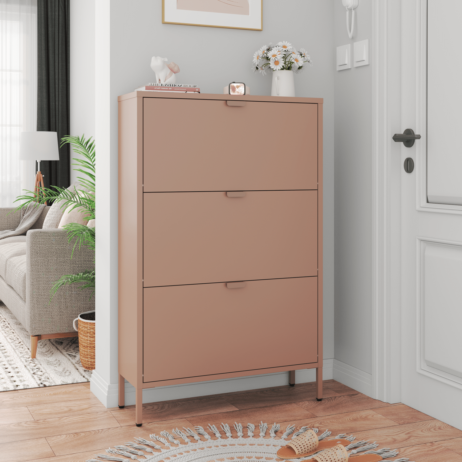 Mueble zapatero MARION 3 puertas metal rosa viejo