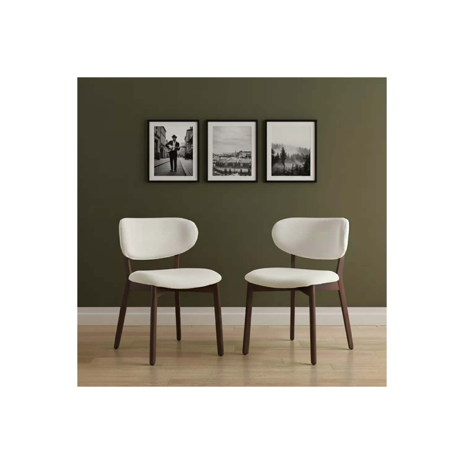 Conjunto de 2 cadeiras AURA em madeira escura e tecido boucle bege