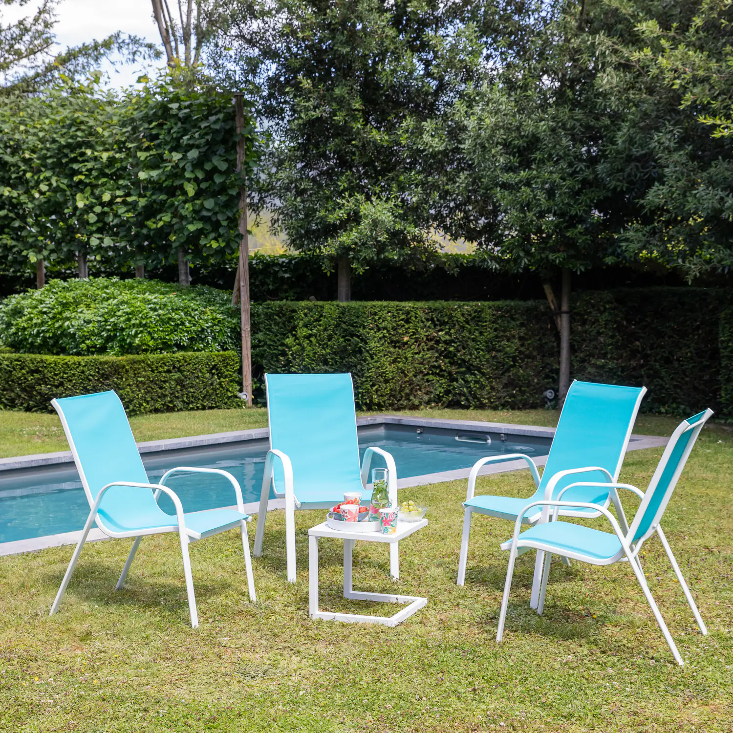 Lot de 4 chaises en textilène bleu - aluminium blanc
