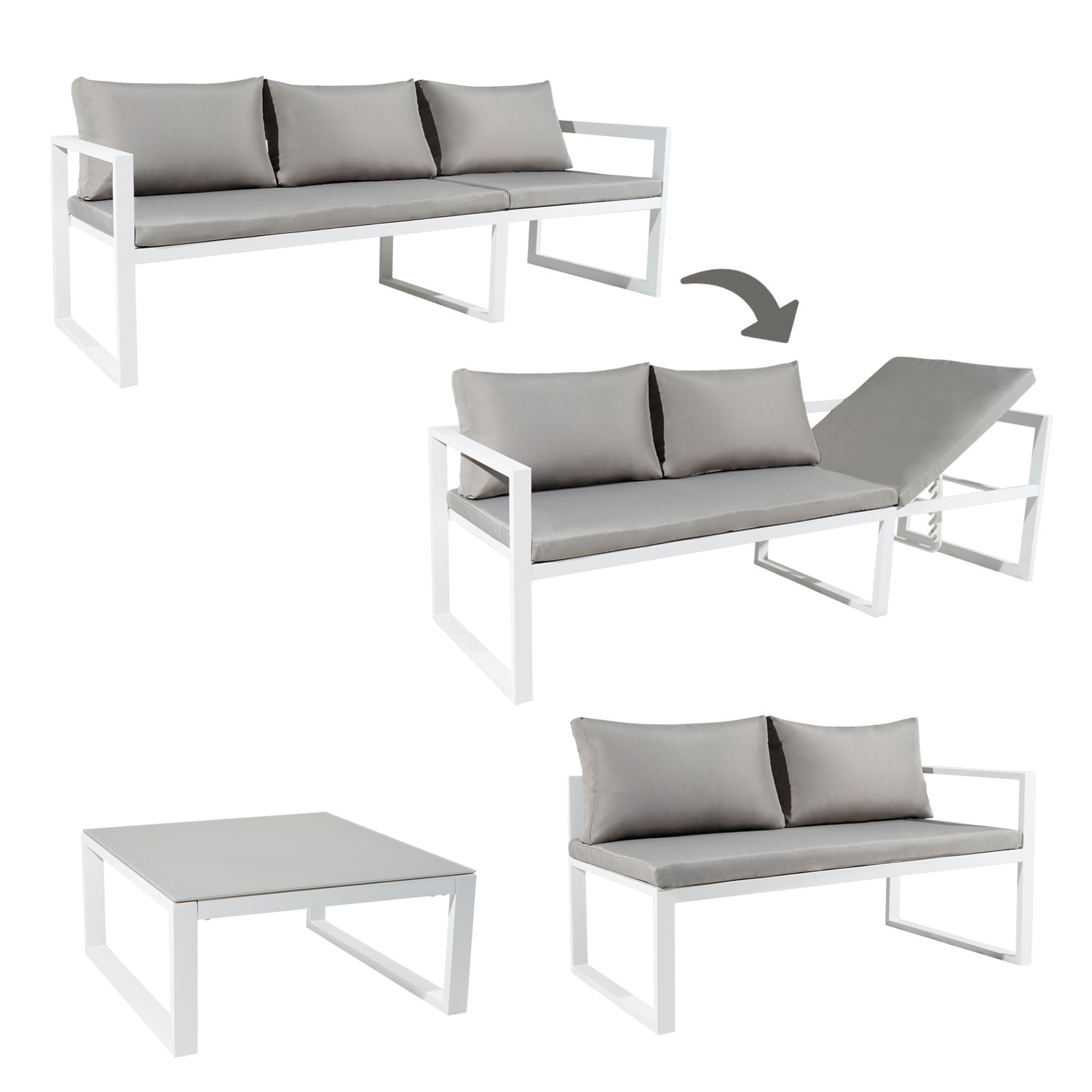 Set di mobili da giardino modulari IBIZA in tessuto grigio 4 posti - alluminio bianco