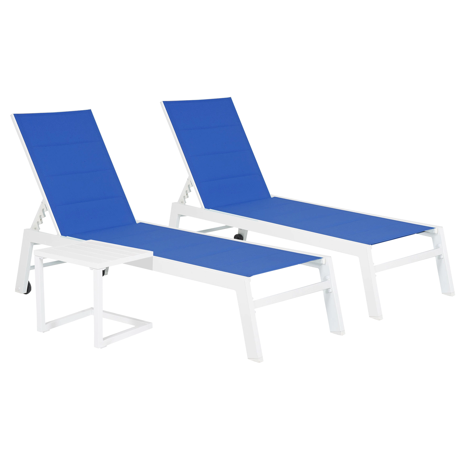 Set 2 bains de soleil et table d'appoint BARBADOS en textilène bleu - aluminium blanc