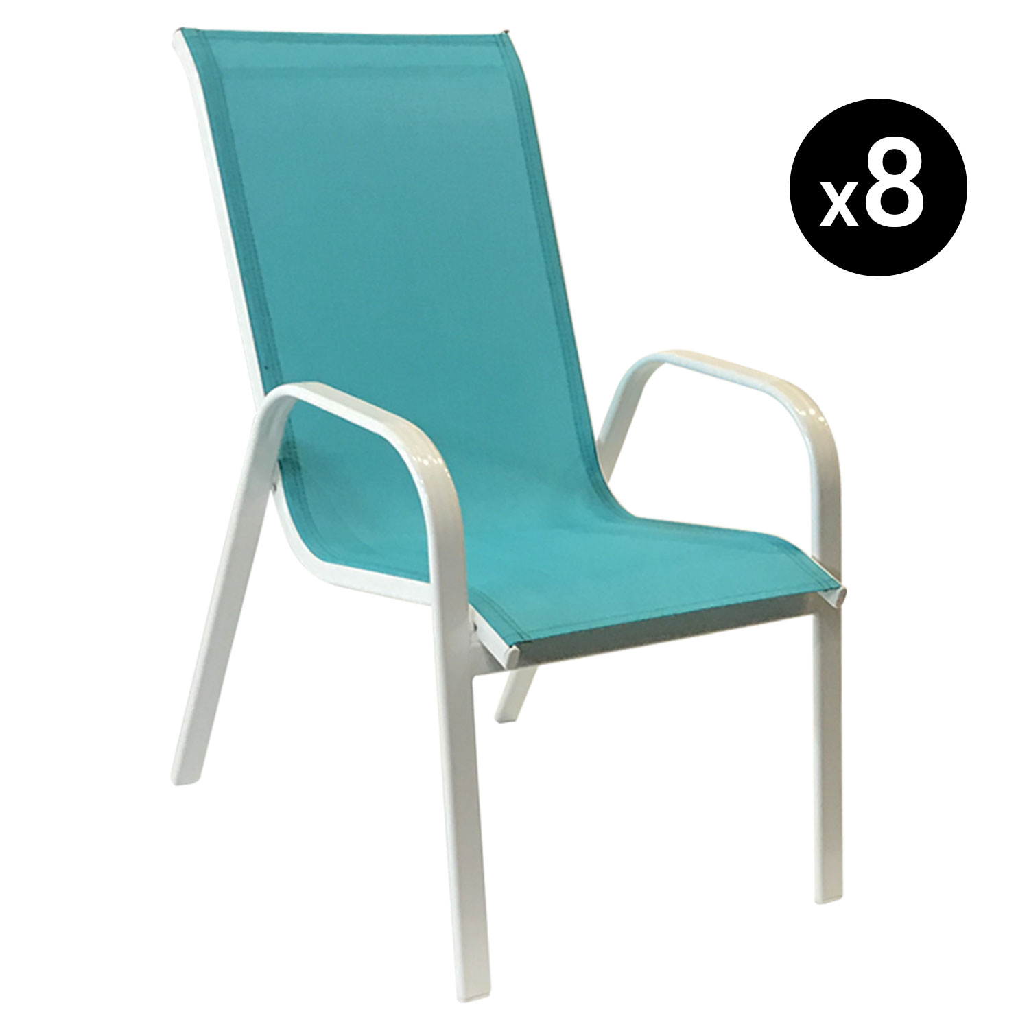 Satz von 8 Stühlen MARBELLA aus blauem Textilene - weißem Aluminium