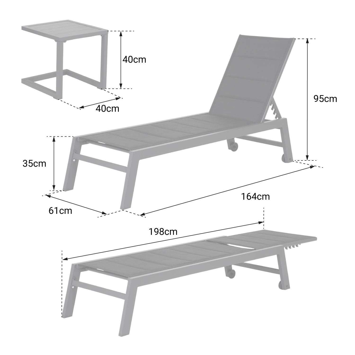 BARBADOS ligstoel en bijzettafel in taupe textilene - wit aluminium