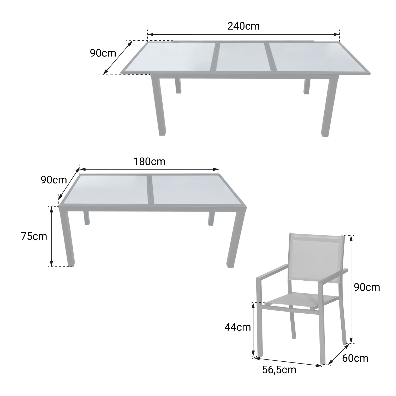 Set di mobili da giardino allungabili in textilene grigio FIRENZE 8 posti - alluminio bianco