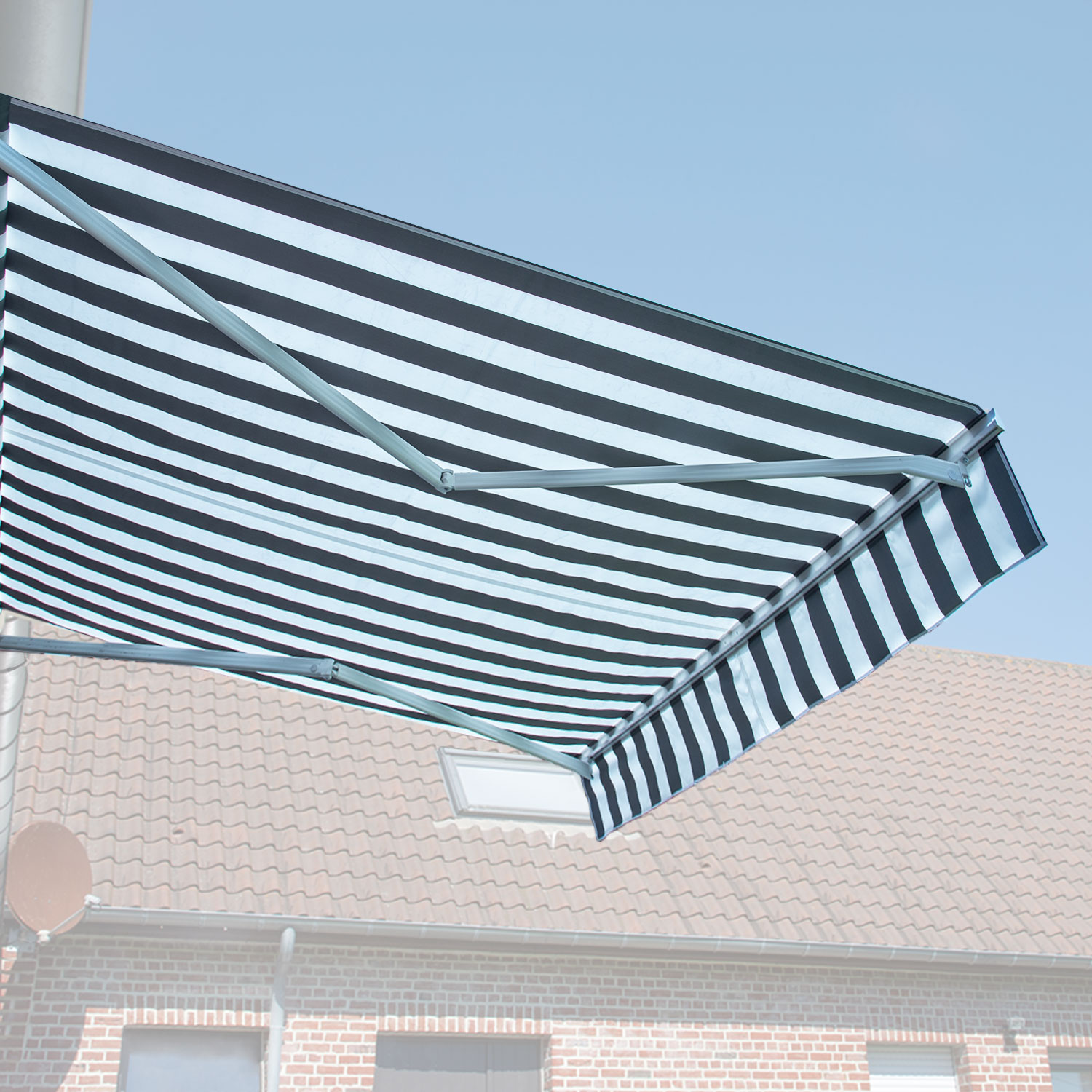 SAULE luifel 3.95 × 3m met half luifel - Wit/grijs gestreept doek en witte structuur