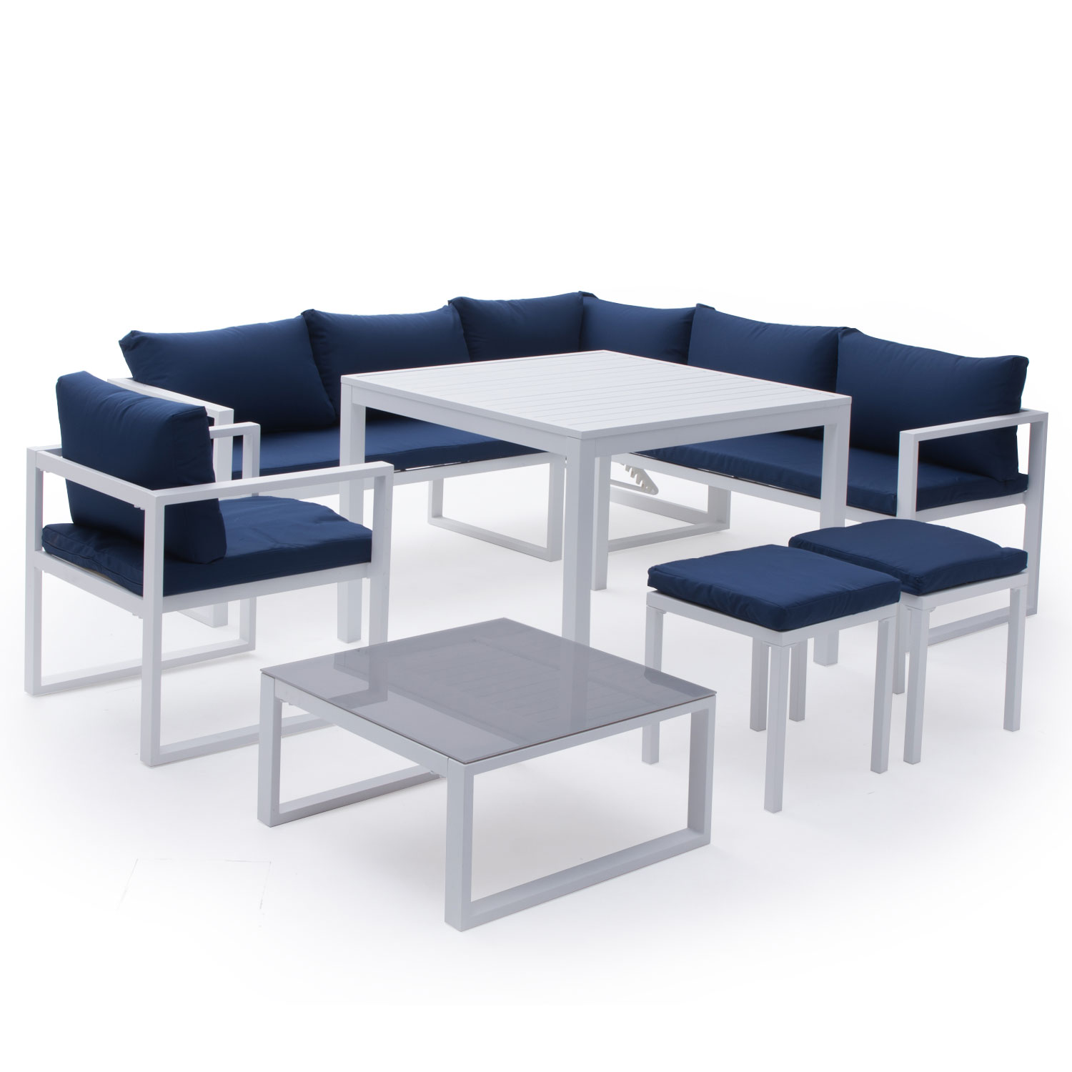 Set di mobili da giardino componibili IBIZA in tessuto blu, 7 posti a sedere - alluminio bianco