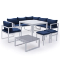 Salon de jardin modulable IBIZA en tissu bleu 7 places - aluminium blanc