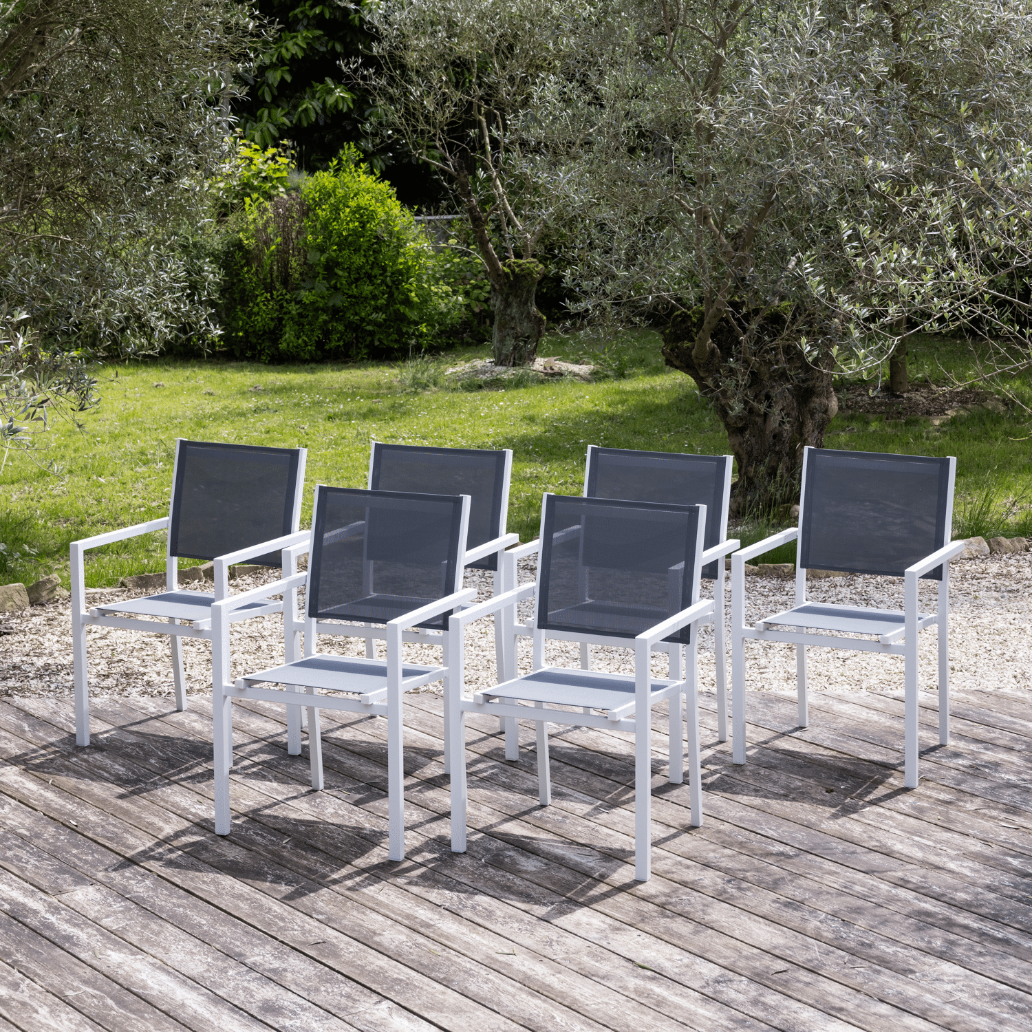 Lot de 6 chaises en aluminium blanc - textilène gris