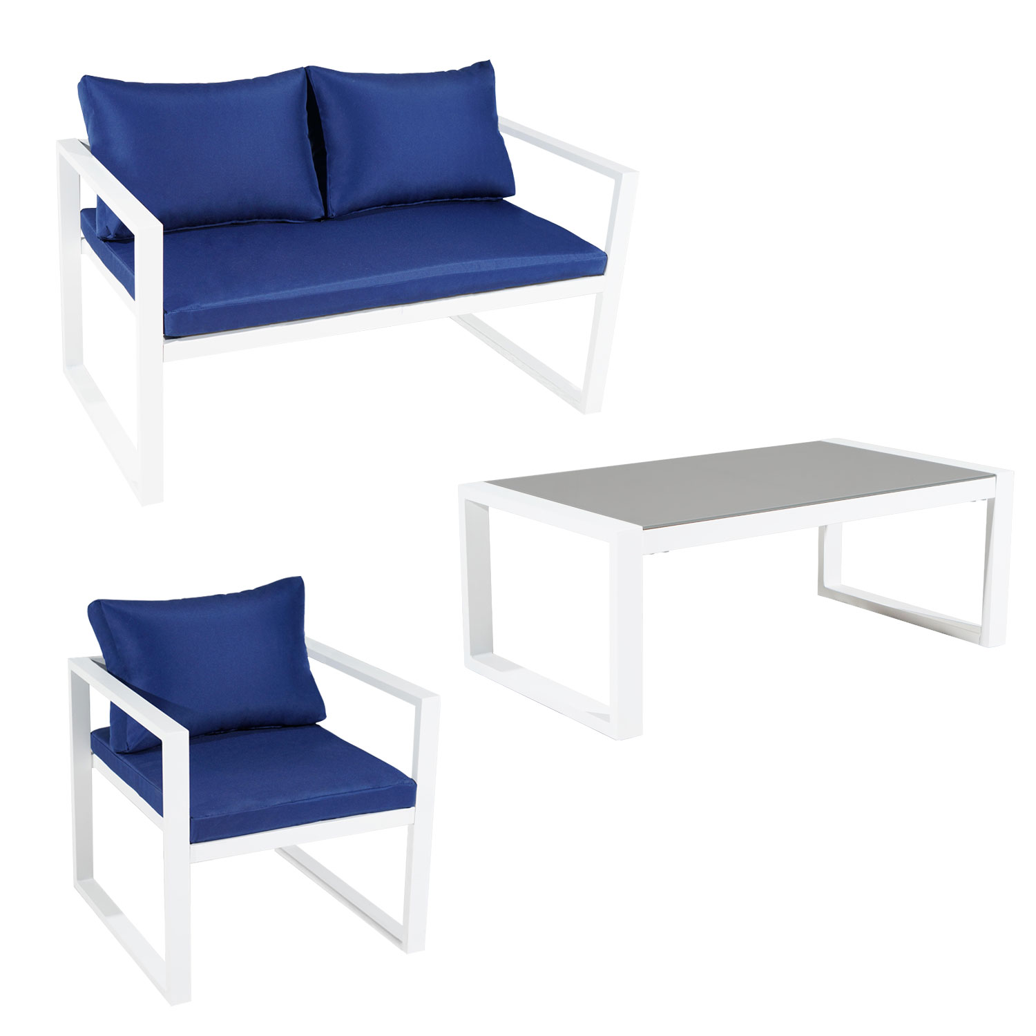 Set di mobili da giardino IBIZA in tessuto blu 4 posti - alluminio bianco