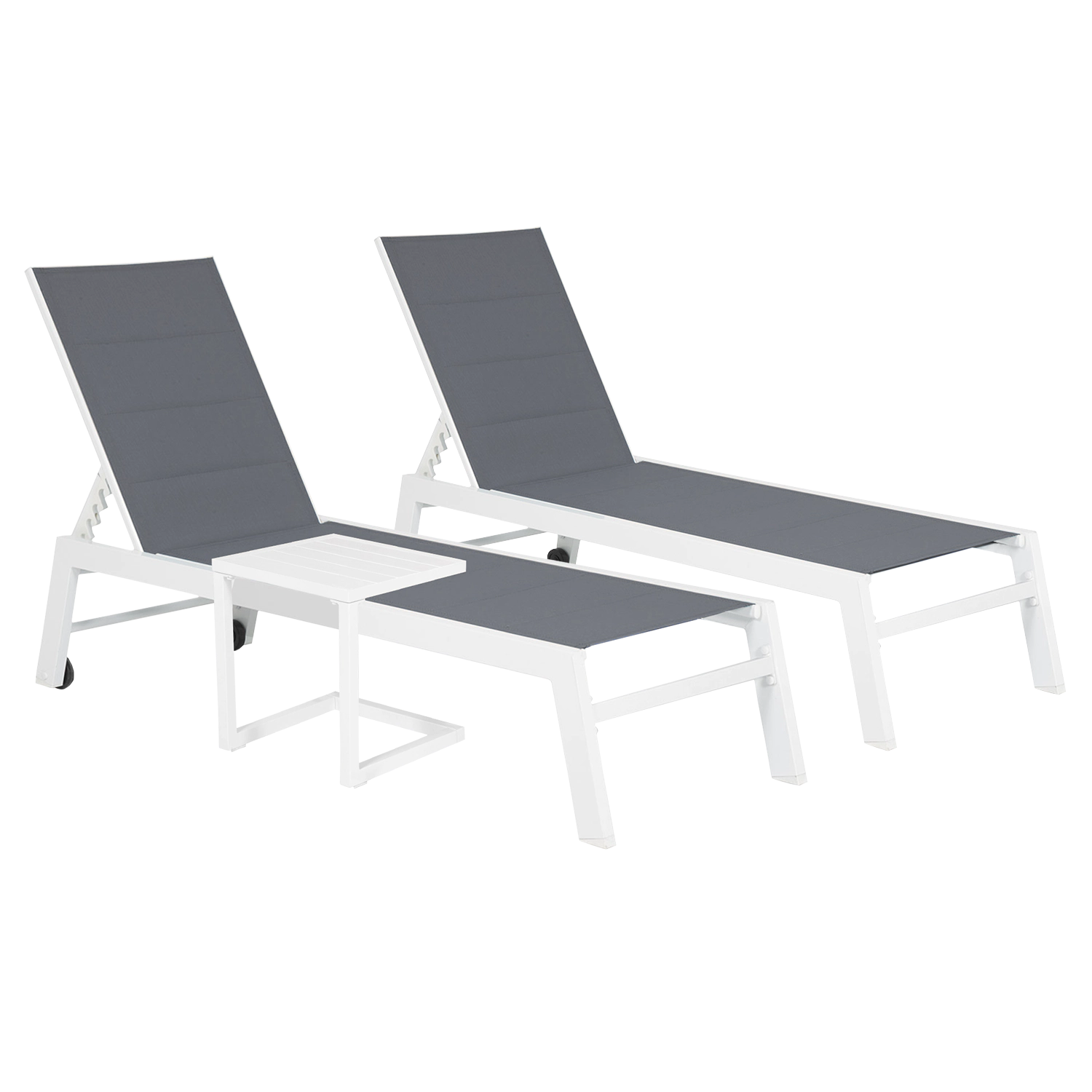 Conjunto de 2 espreguiçadeiras BARBADOS em textilene cinzento e mesa de apoio - alumínio branco