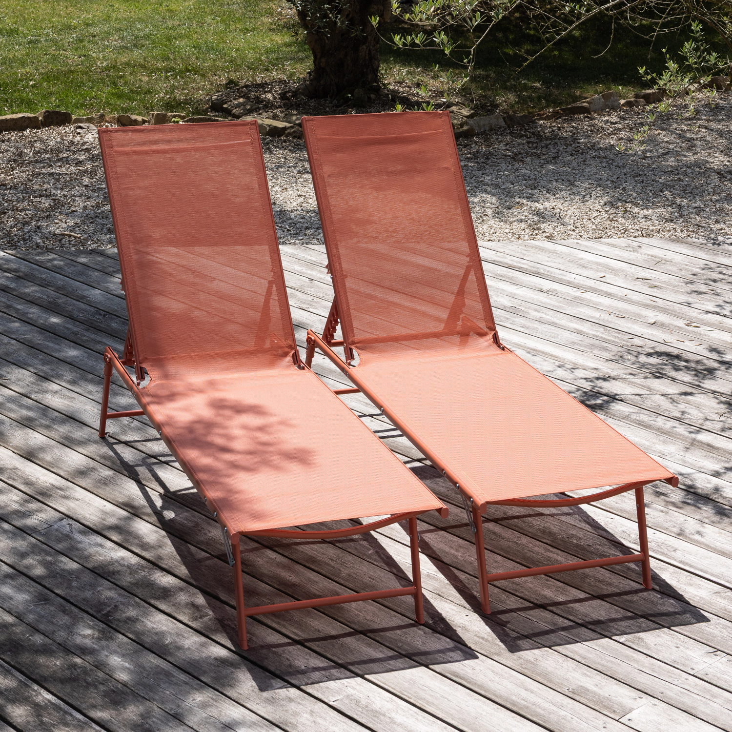 Set van 2 opvouwbare ligstoelen SICILIA in terracotta textilene - terracotta frame