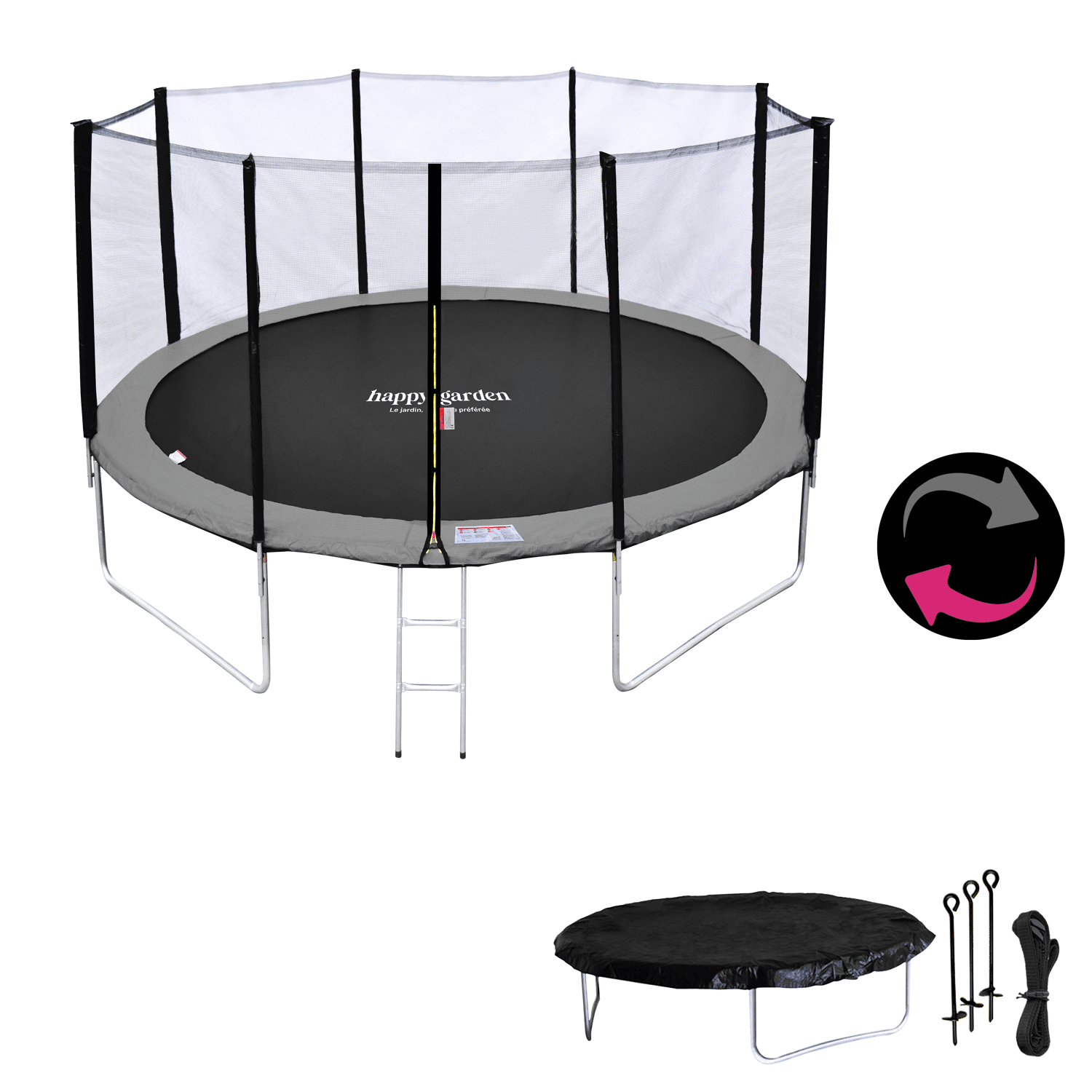 Pack Premium Trampoline 370cm réversible gris / rose PERTH + filet, échelle, bâche et kit d'ancrage
