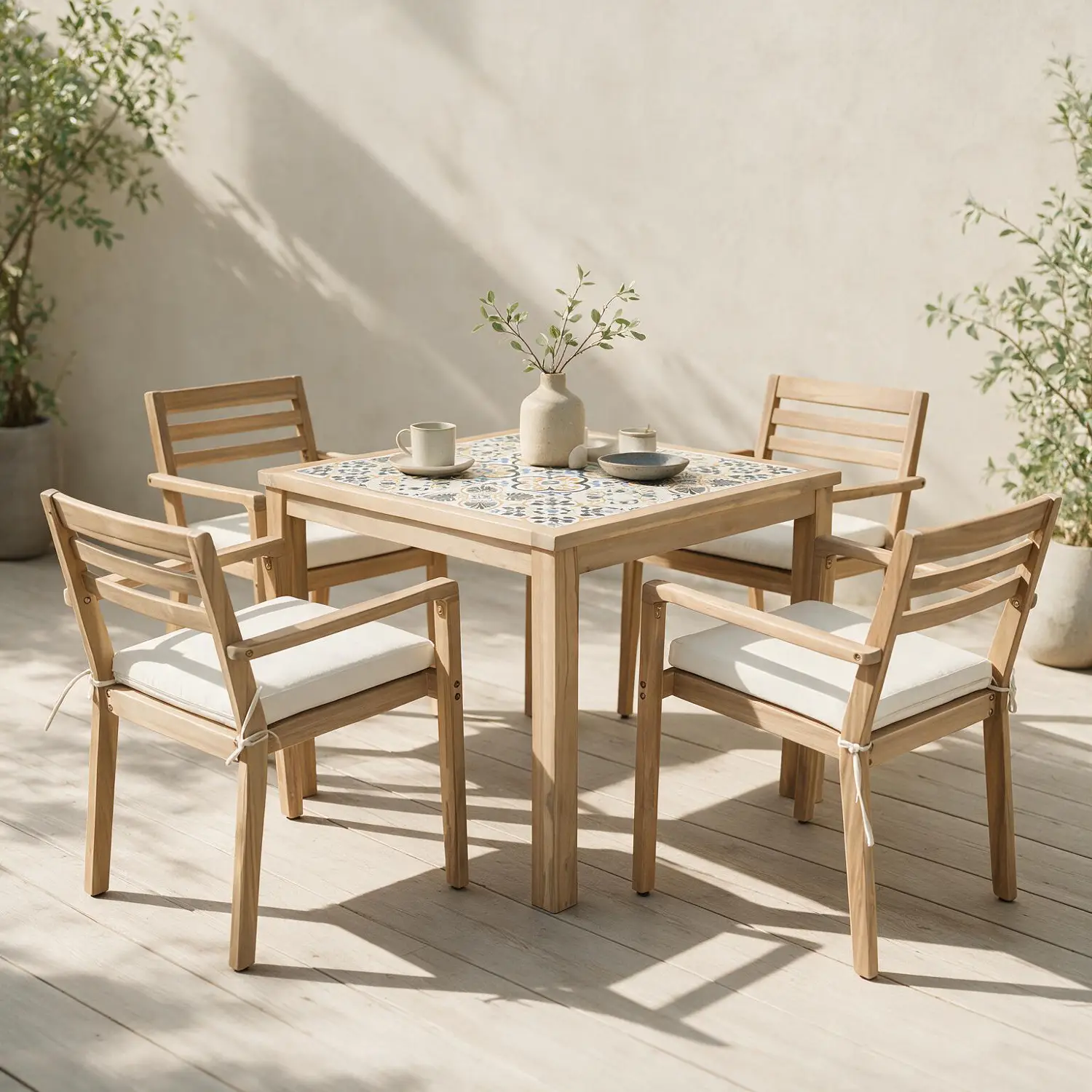 Mesa de jardim de 4 lugares e cadeiras em acácia e cerâmica