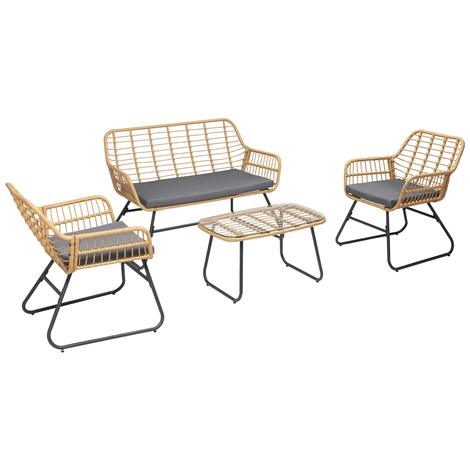 Gartenmöbel TIGA aus geflochtenem Harz 4 Sitzplätze - graue Kissen