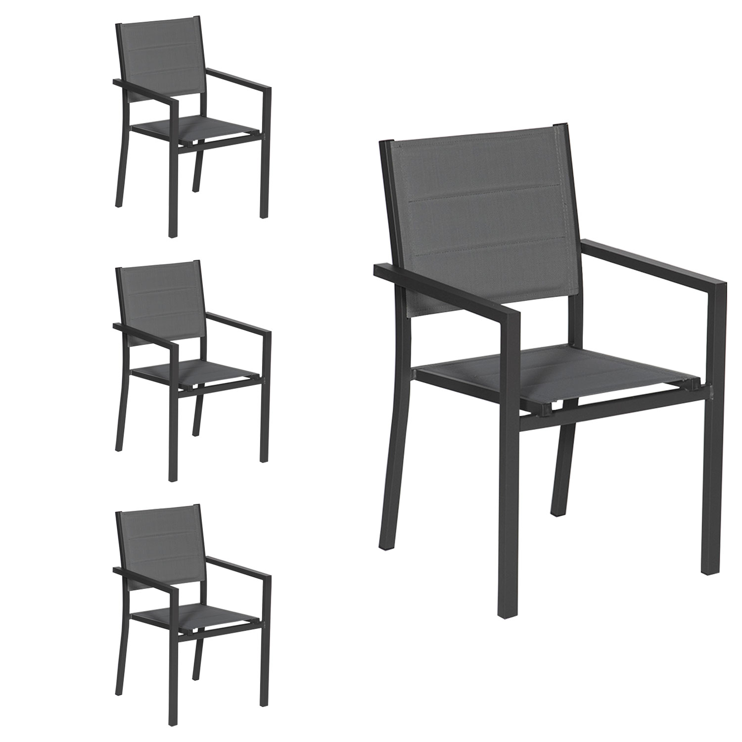 Satz von 4 gepolsterten Stühlen aus anthrazitfarbenem Aluminium - graues Textilene