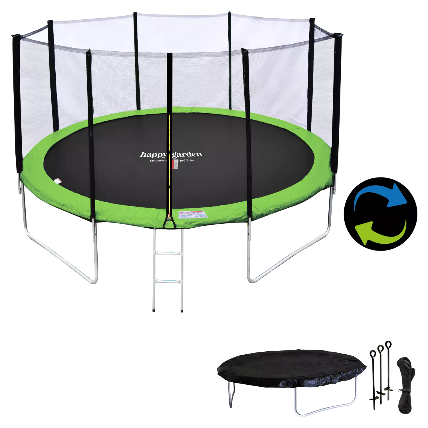 Pack Premium Trampoline 430cm réversible vert / bleu MELBOURNE + filet, échelle, bâche et kit d'ancrage