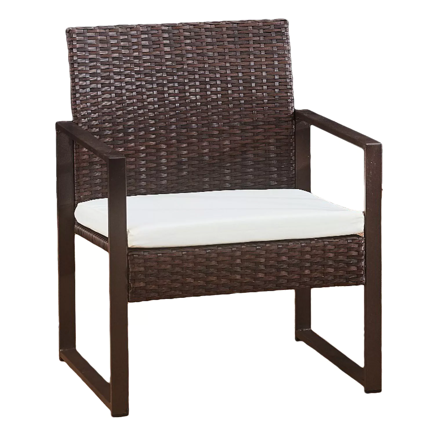 MAJORQUE tuinmeubelset in bruin gevlochten kunststof - 4 zitplaatsen - ivoorkleurige kussens