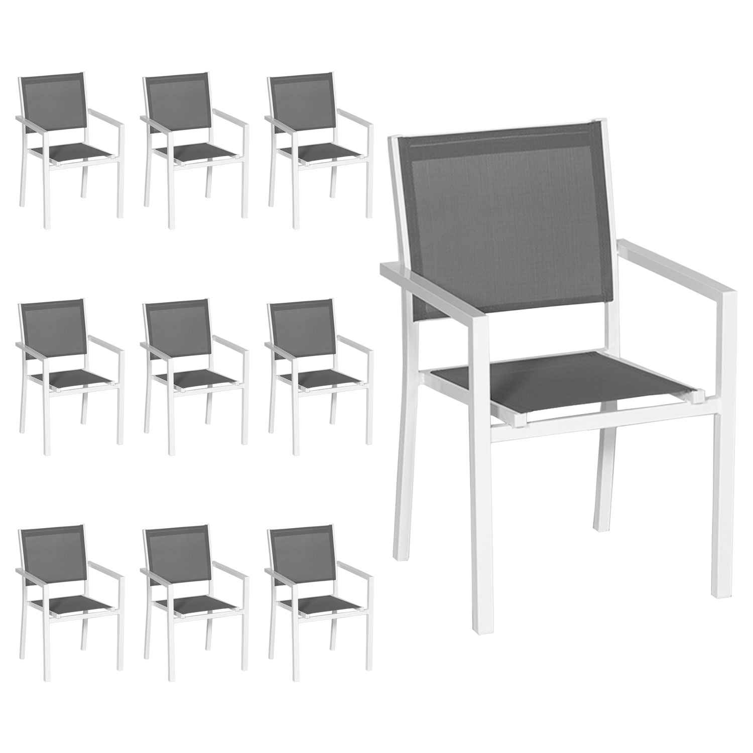 Set di 10 sedie in alluminio bianco - textilene grigio