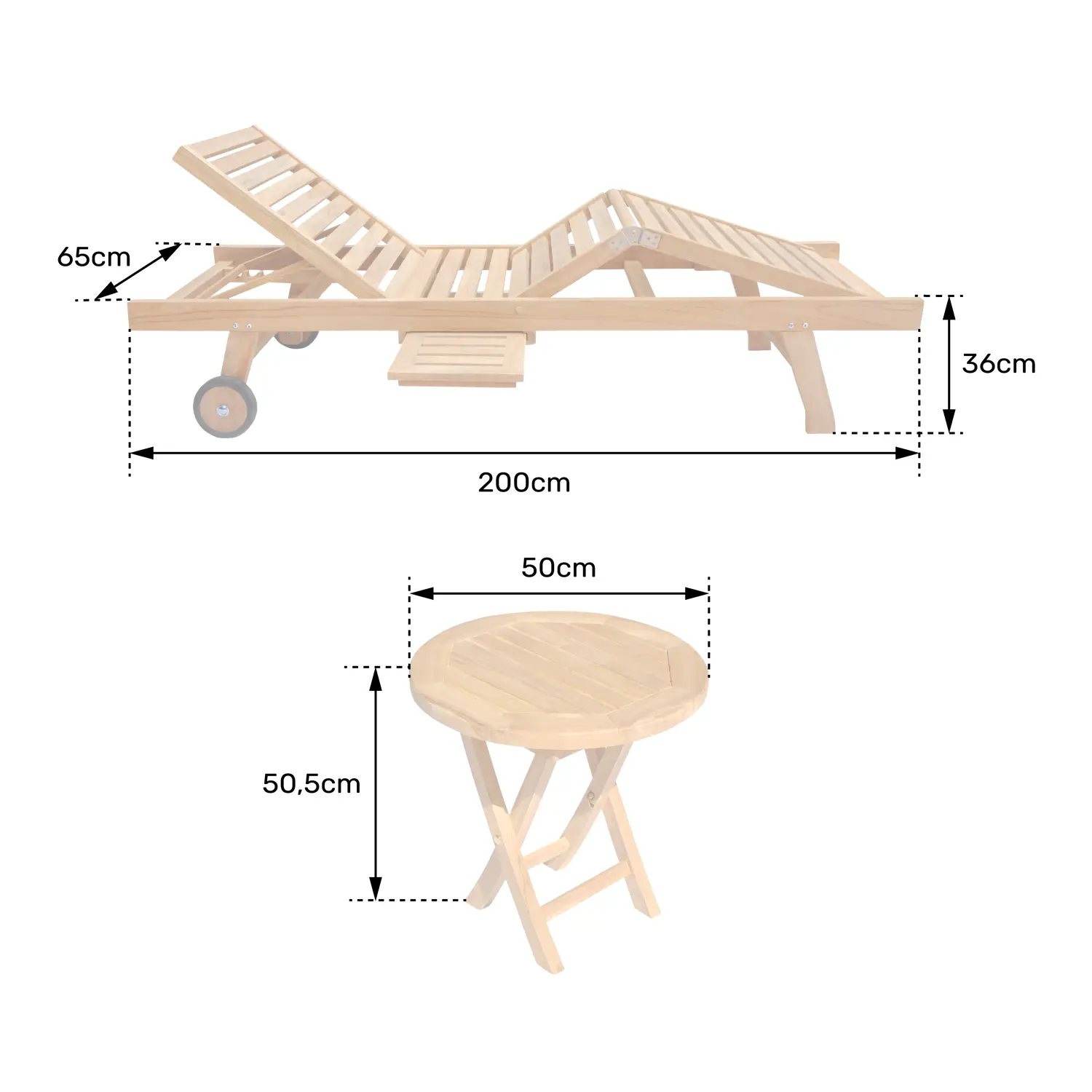 Set di lettini e tavolini pieghevoli in teak