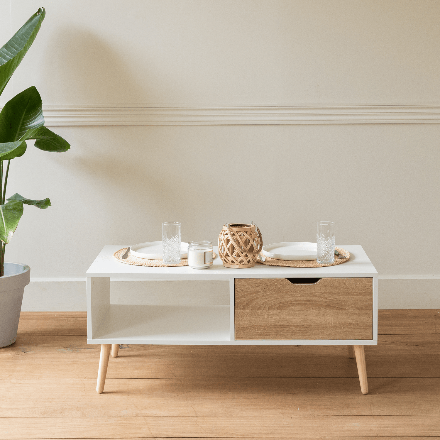 Table basse avec tiroir style scandinave blanche