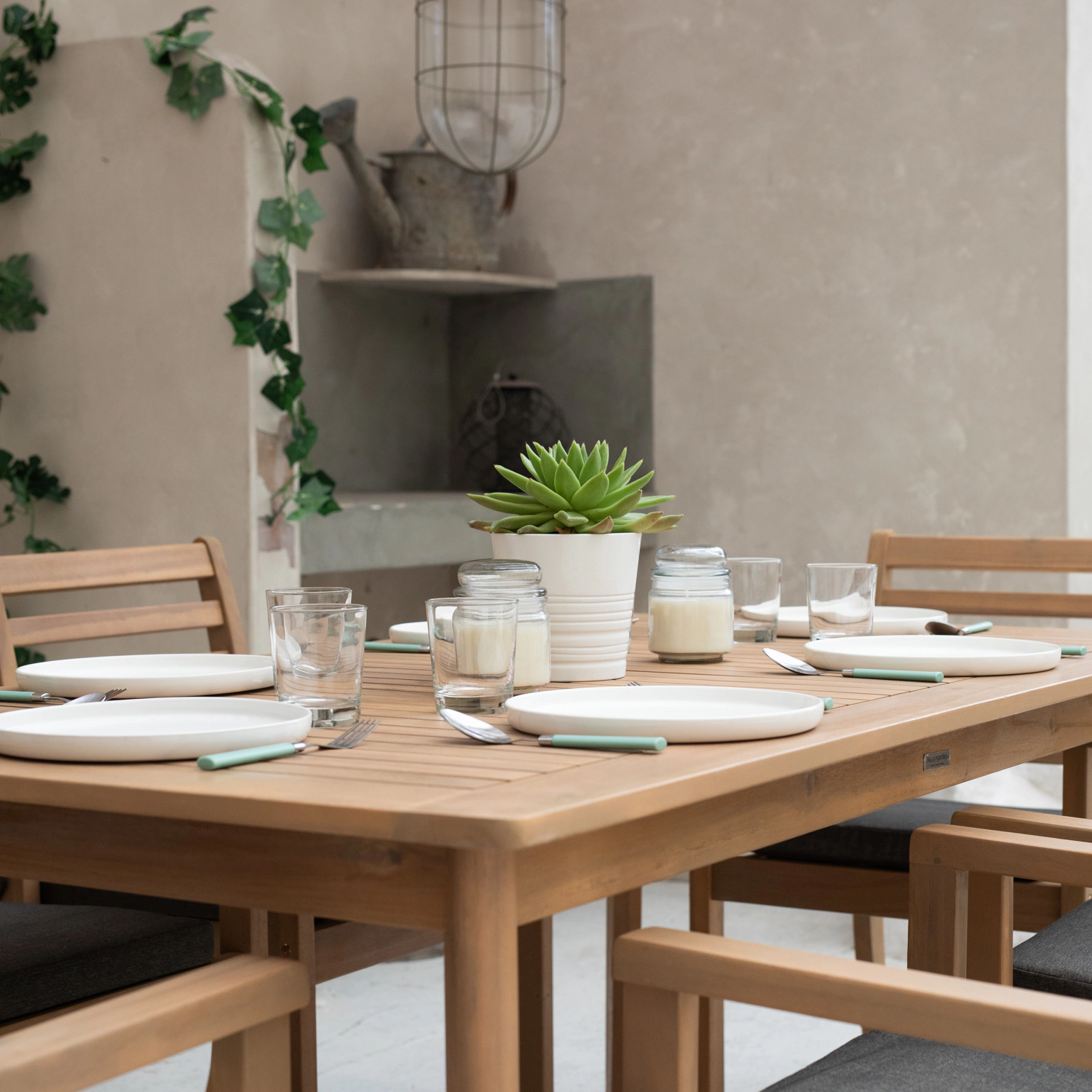 Conjunto de mobiliário de jardim Acacia SIMILAN 6 lugares - almofadas cinzentas