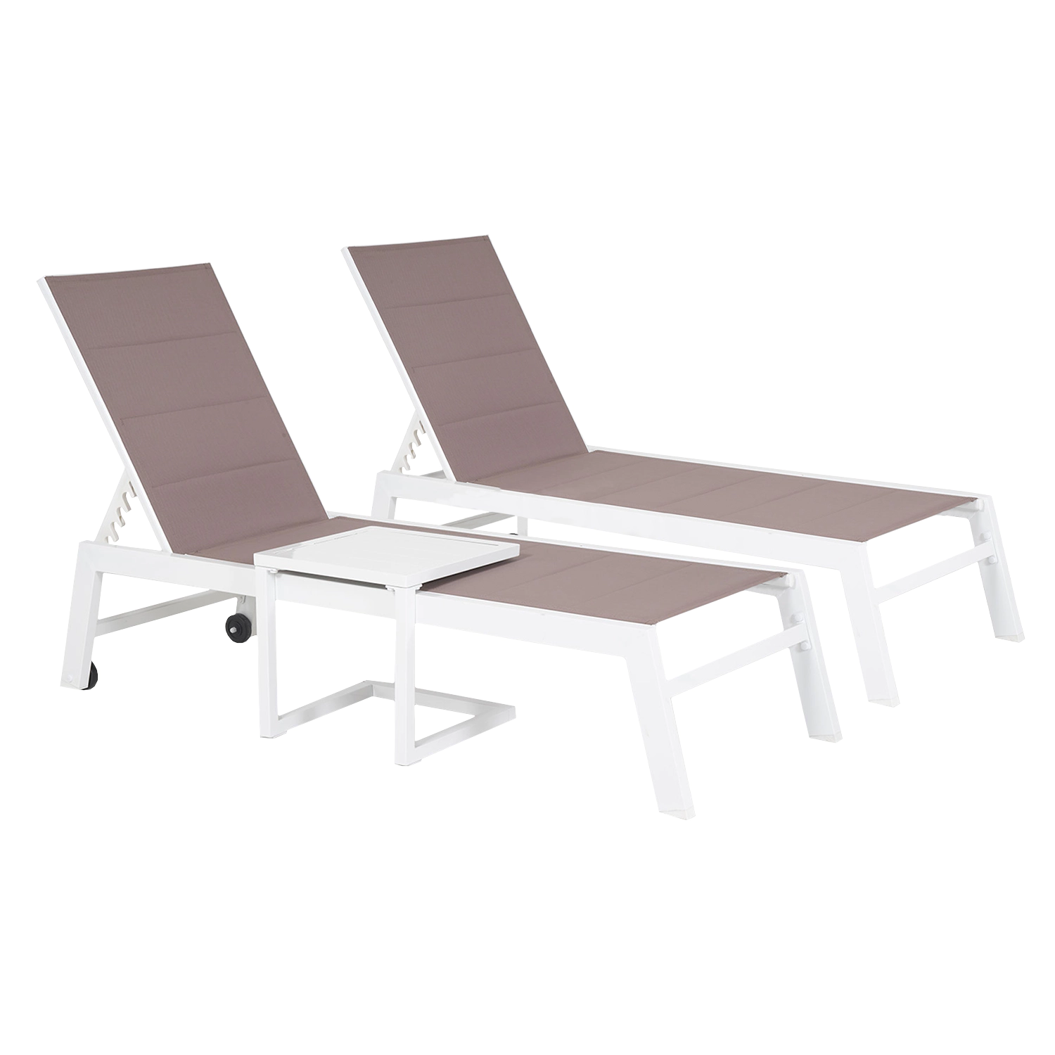 Set van 2 BARBADOS ligstoelen en bijzettafel in taupe textilene - wit aluminium