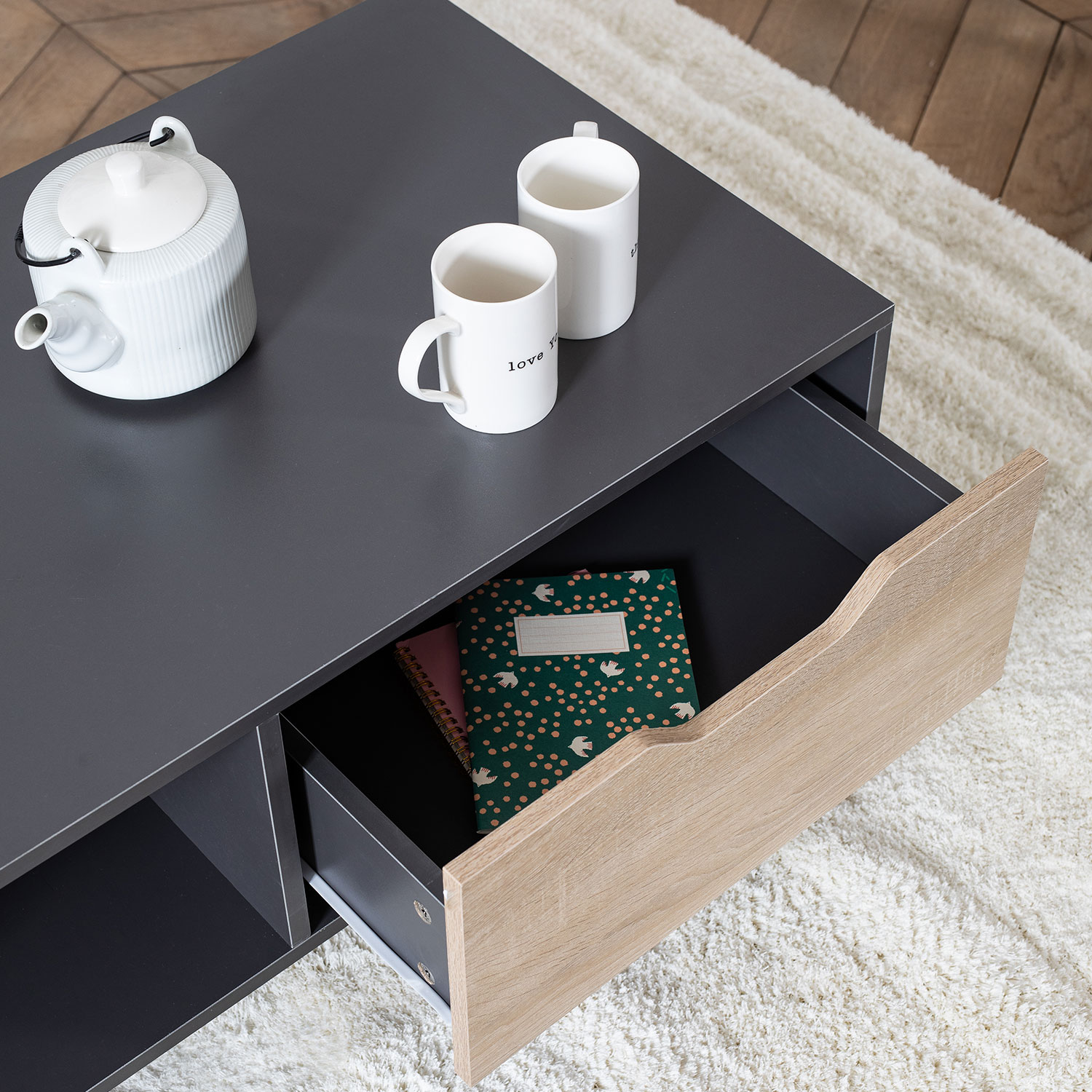 FREJA salontafel in grijze scandinavische stijl met lade