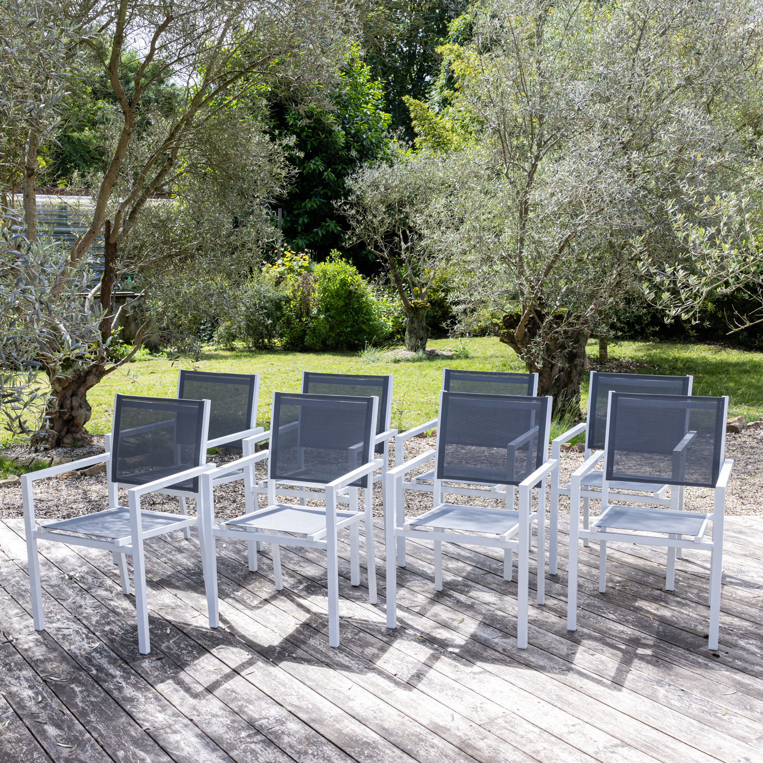 Set van 8 met wit aluminium beklede stoelen - grijs textilene