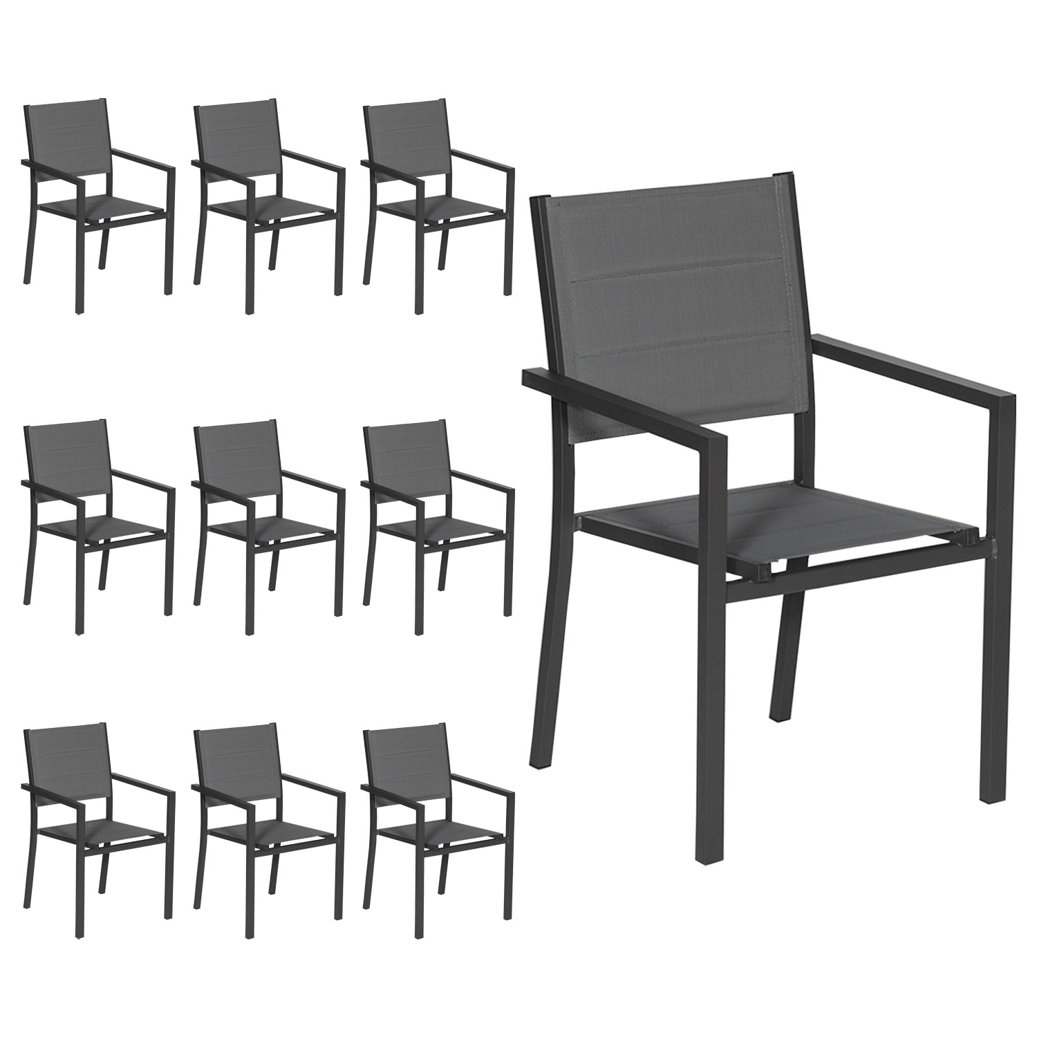 Set aus 10 gepolsterten Stühlen aus anthrazitfarbenem Aluminium - graues Textilene