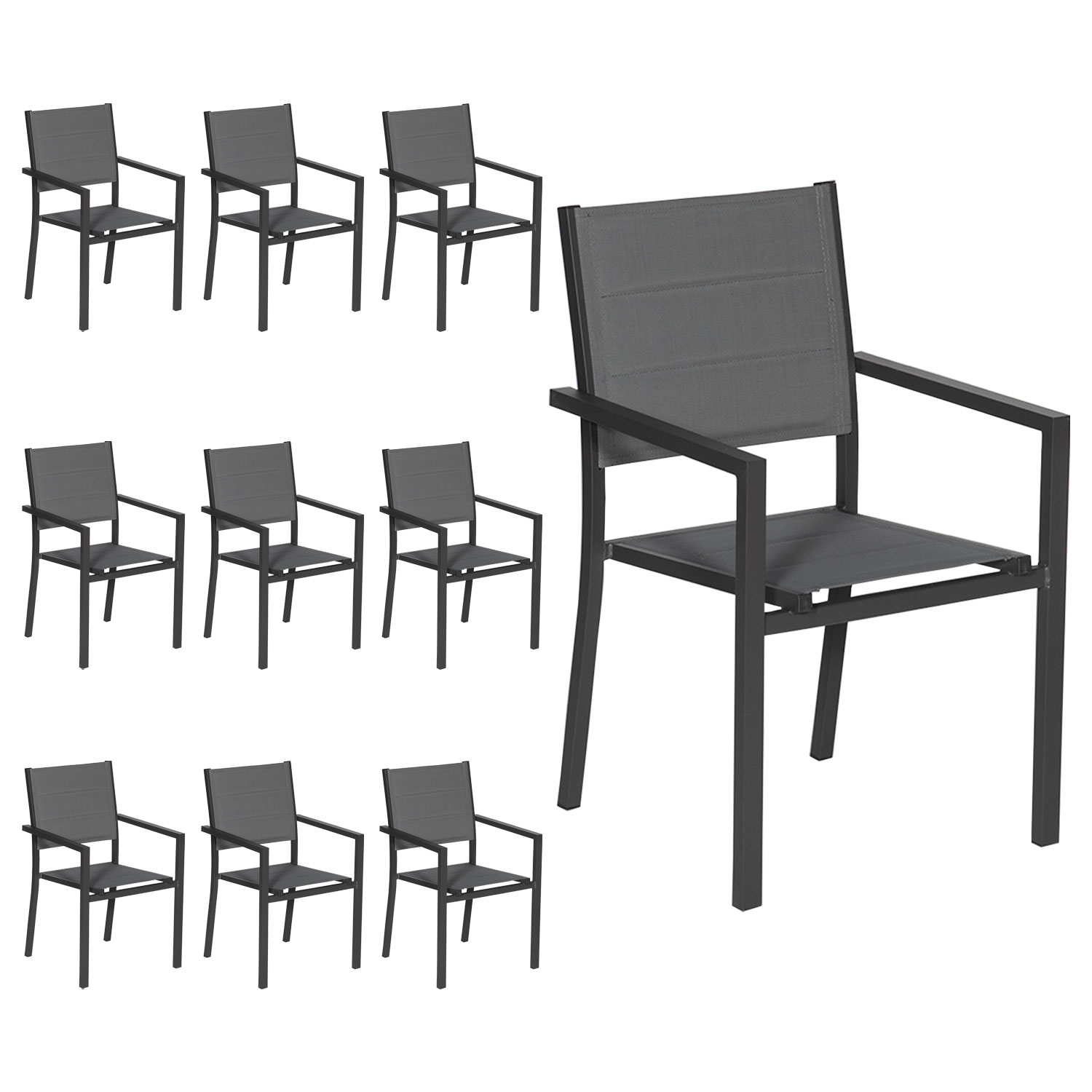 Set van 10 antraciet aluminium gestoffeerde stoelen - grijs textilene