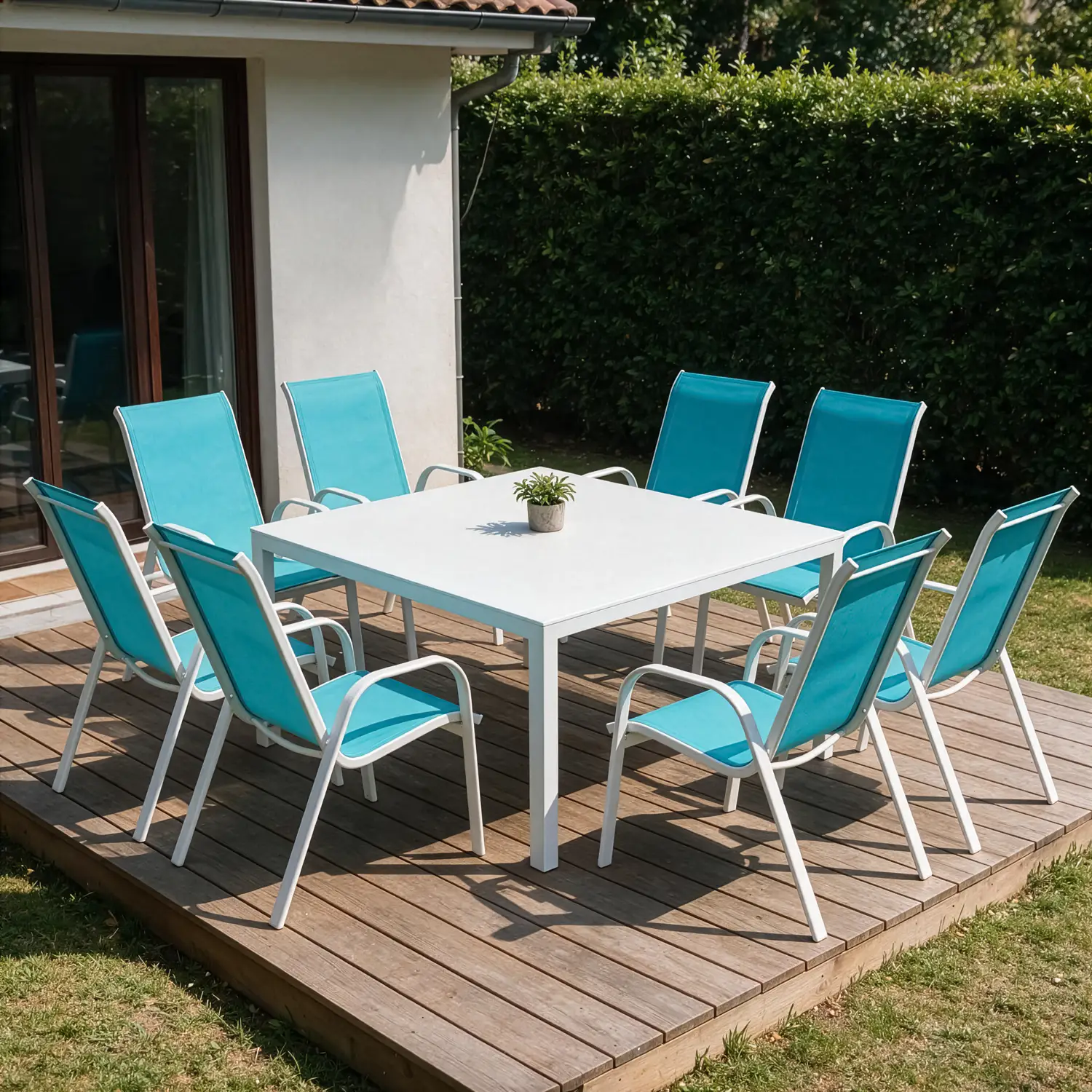 Lot de 8 chaises en textilène bleu - aluminium blanc