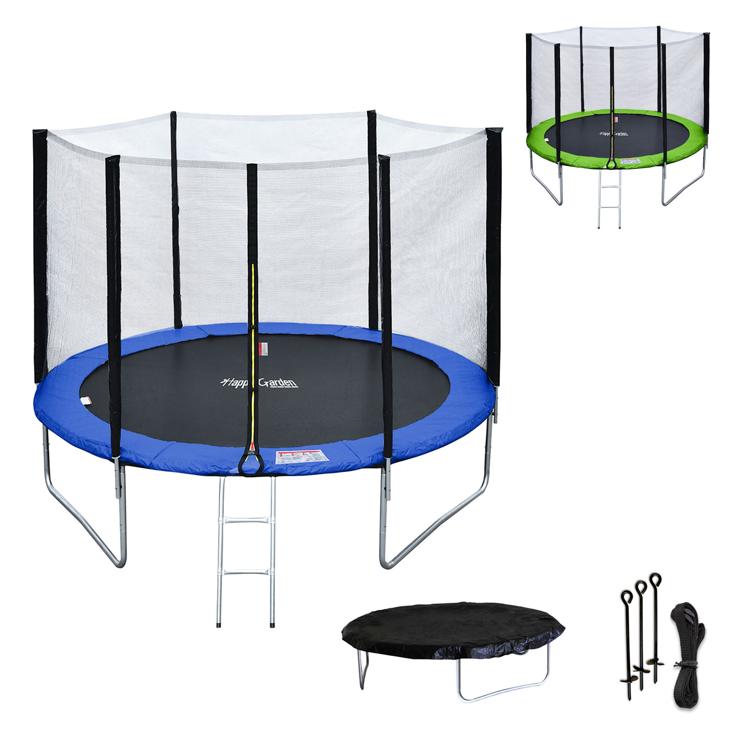 Premium Pack Trampoline 305cm omkeerbaar blauw / groen ADELAÏDE + net, ladder, afdekhoes en verankeringsset