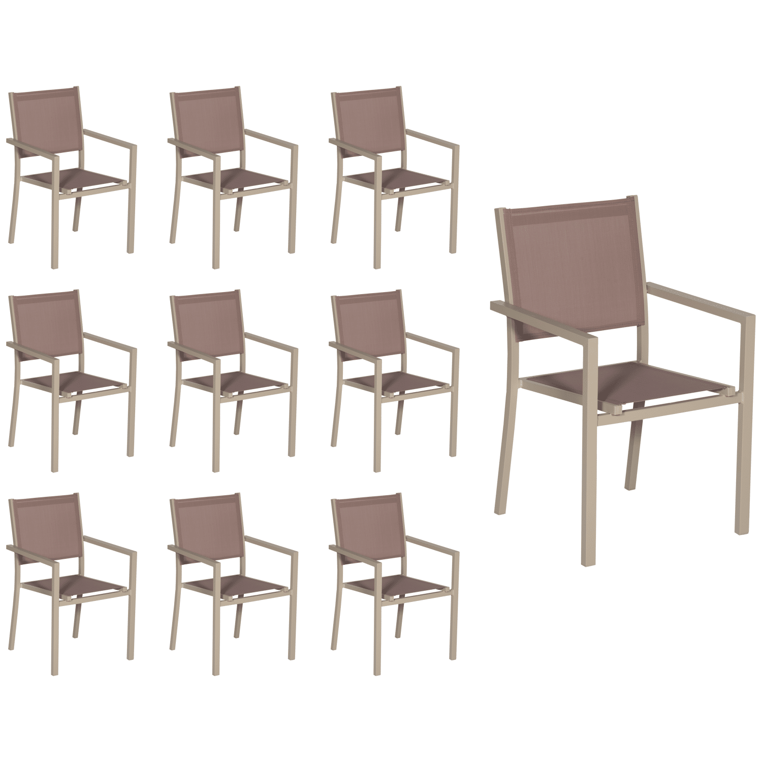 Lot de 10 chaises en aluminium taupe - textilène taupe