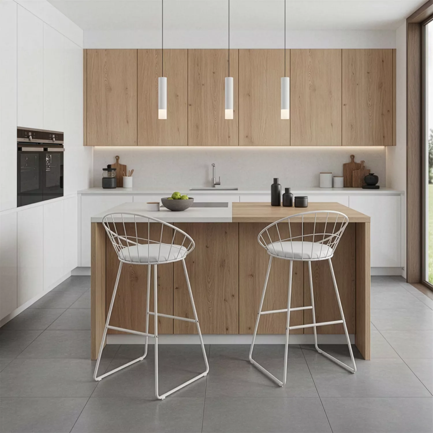 Set van 2 barkrukken 75cm in wit metaal en wit kussen ALEX