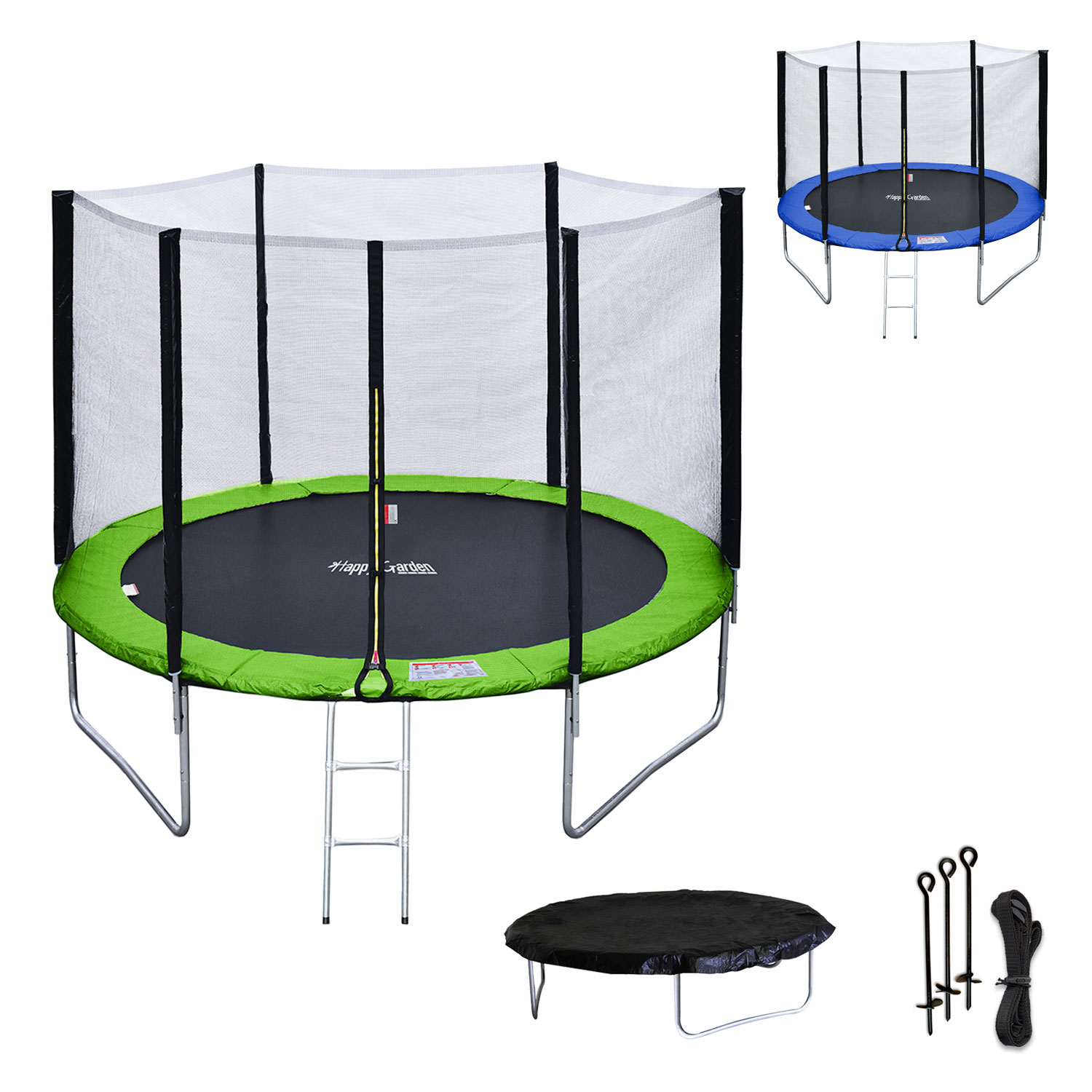 Premium Pack Trampoline 305cm omkeerbaar groen / blauw ADELAÏDE + net, ladder, afdekhoes en verankeringsset