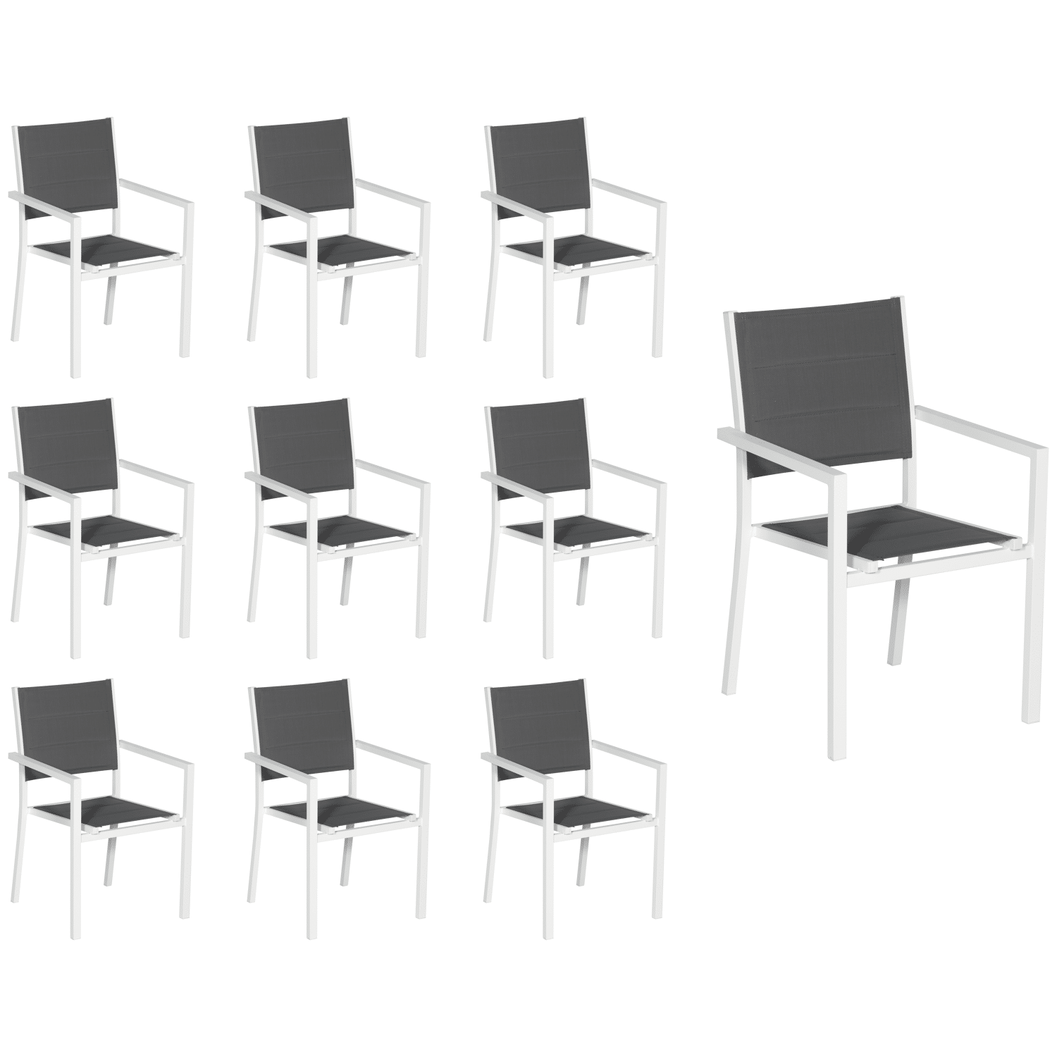 Lot de 10 chaises rembourrées en aluminium blanc - textilène gris