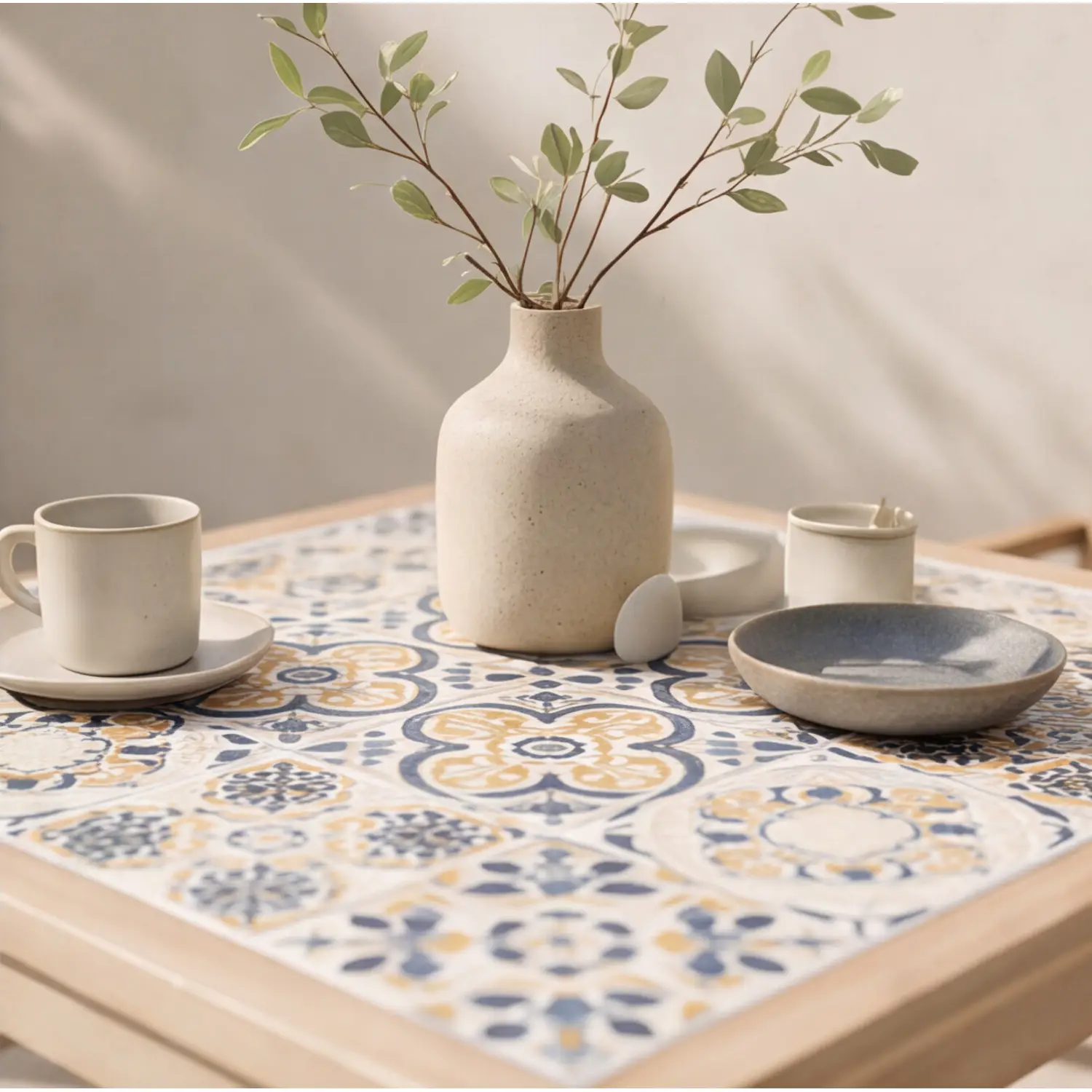 Mesa de jardim de 4 lugares e cadeiras em acácia e cerâmica