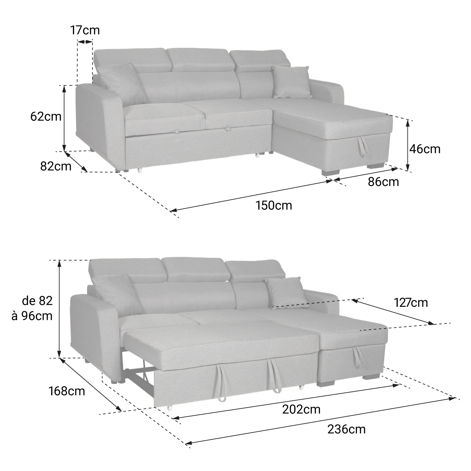 Canapé d'angle convertible WARREN 3 places simili noir