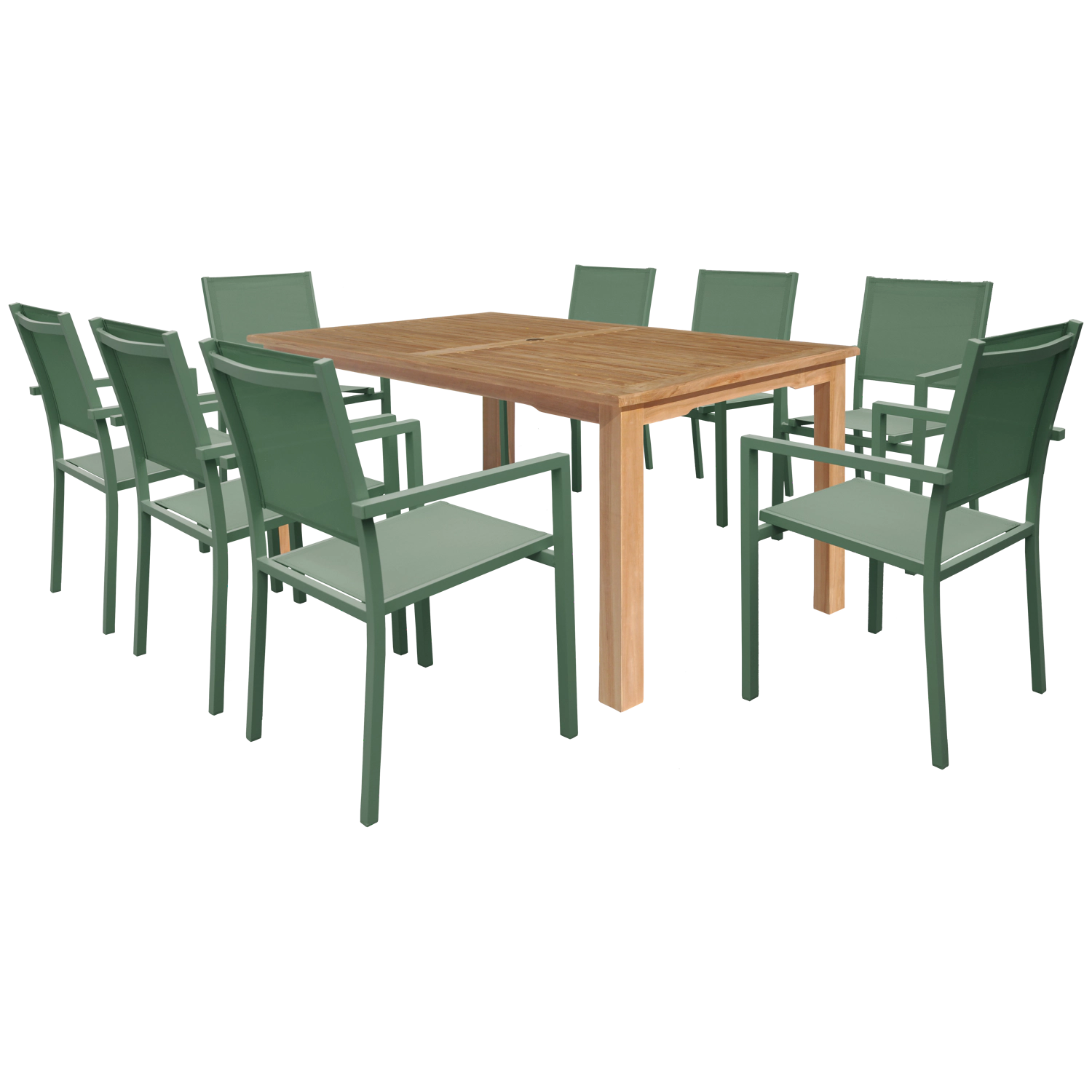 JAVA teakhouten tuinset met saliegroene aluminium stoelen - 8 zitplaatsen