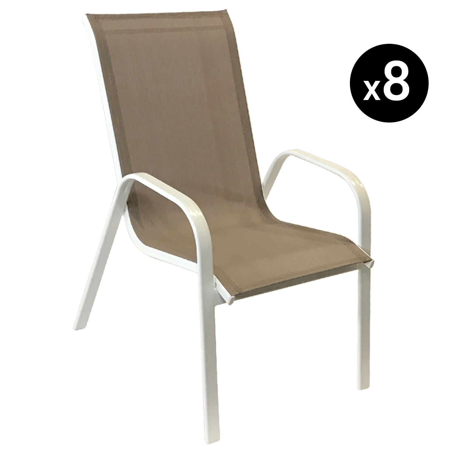 Set van 8 MARBELLA stoelen in taupe textilene - wit aluminium