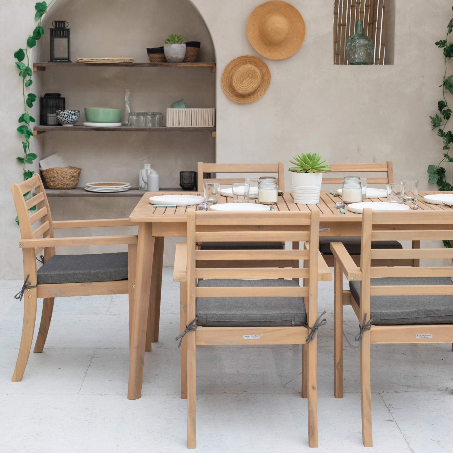 Conjunto de mobiliário de jardim Acacia SIMILAN 6 lugares - almofadas cinzentas