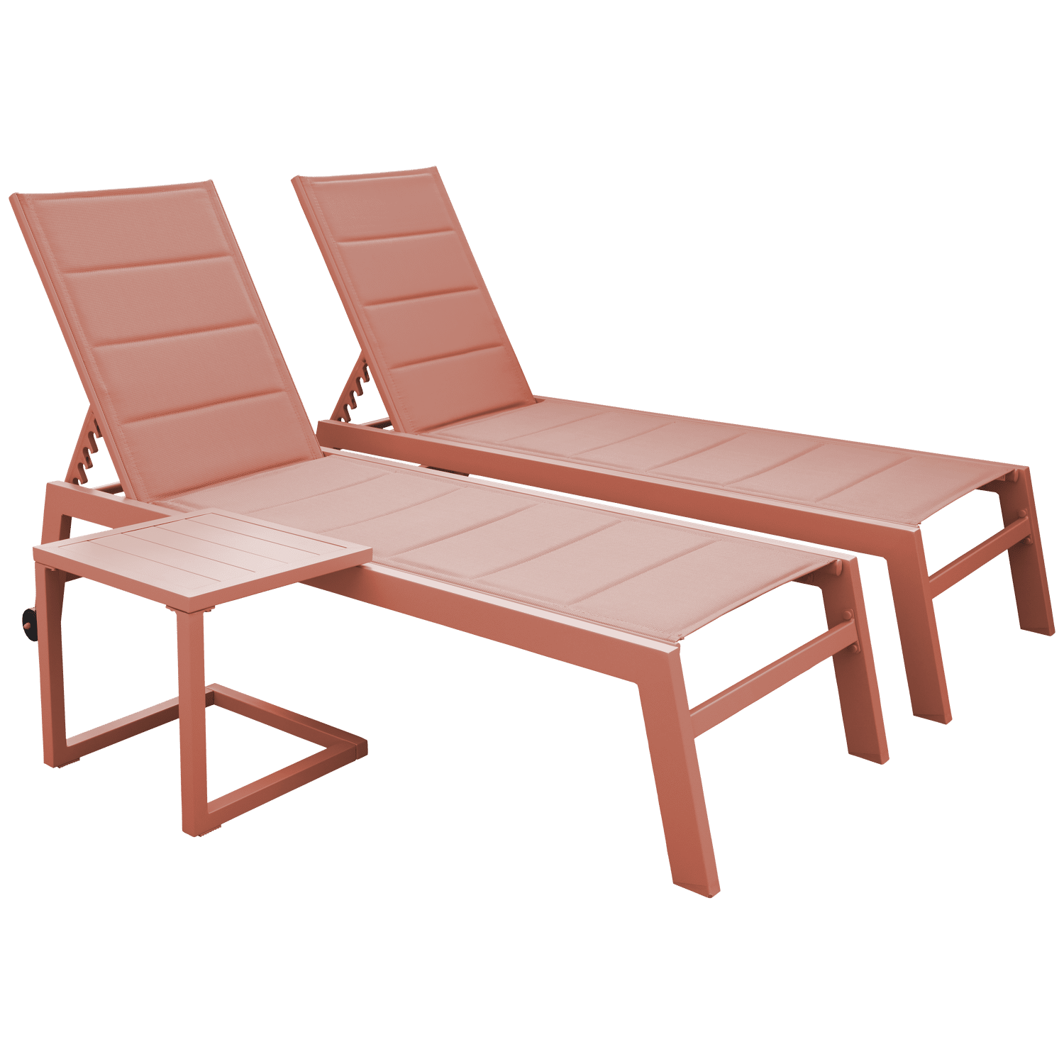 Conjunto de 2 espreguiçadeiras e mesa de apoio BARBADOS em textilene terracota - alumínio terracota