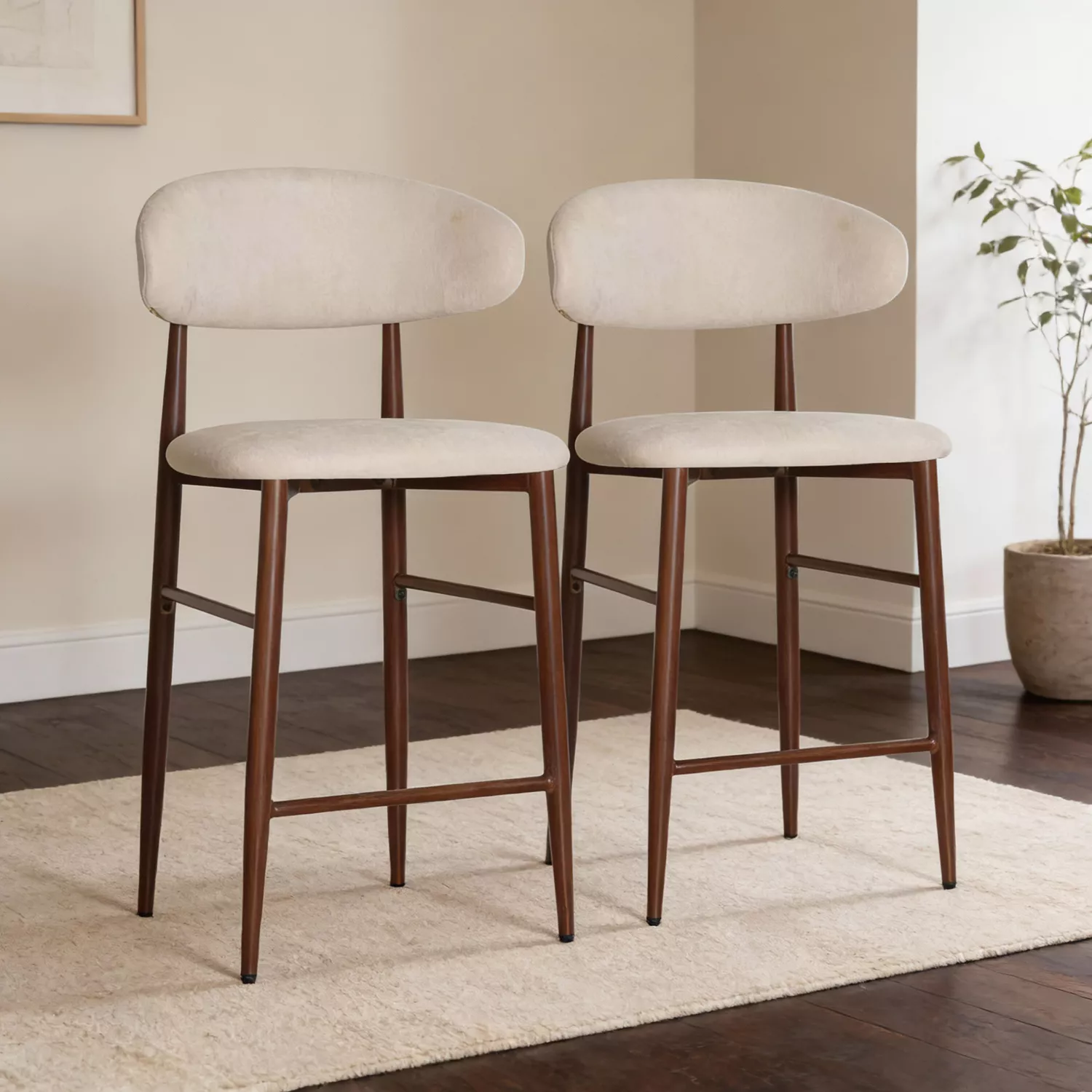 Set van 2 metalen barkrukken met beige en donker houteffect SIMON